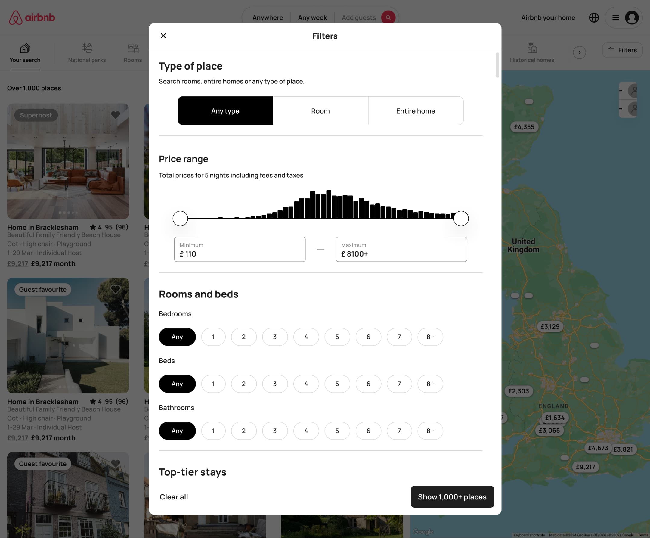 Desktop filters modal: type of place, price histogram, rooms and beds.