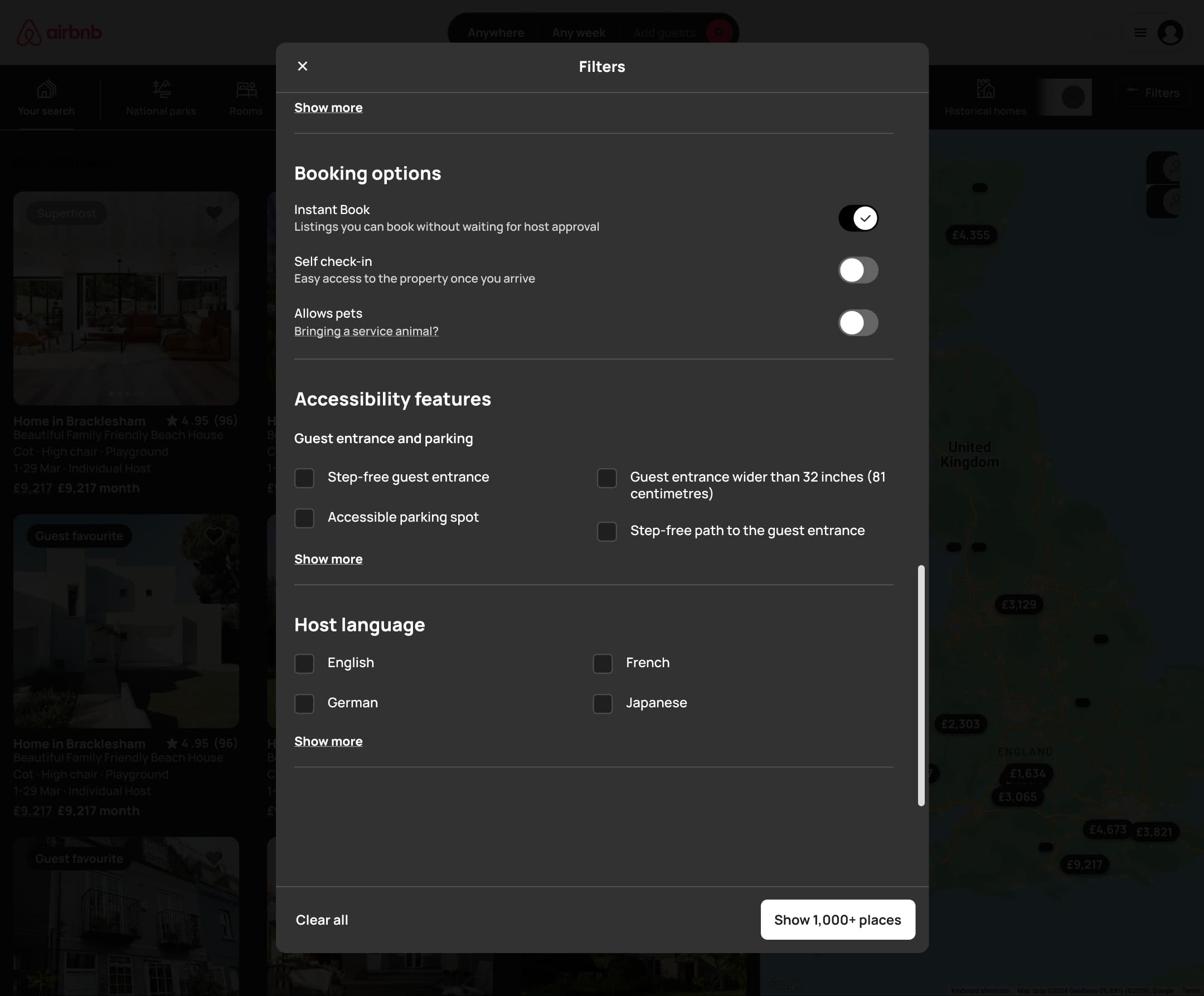 Dark mode: desktop filters scrolled to host language with show more.