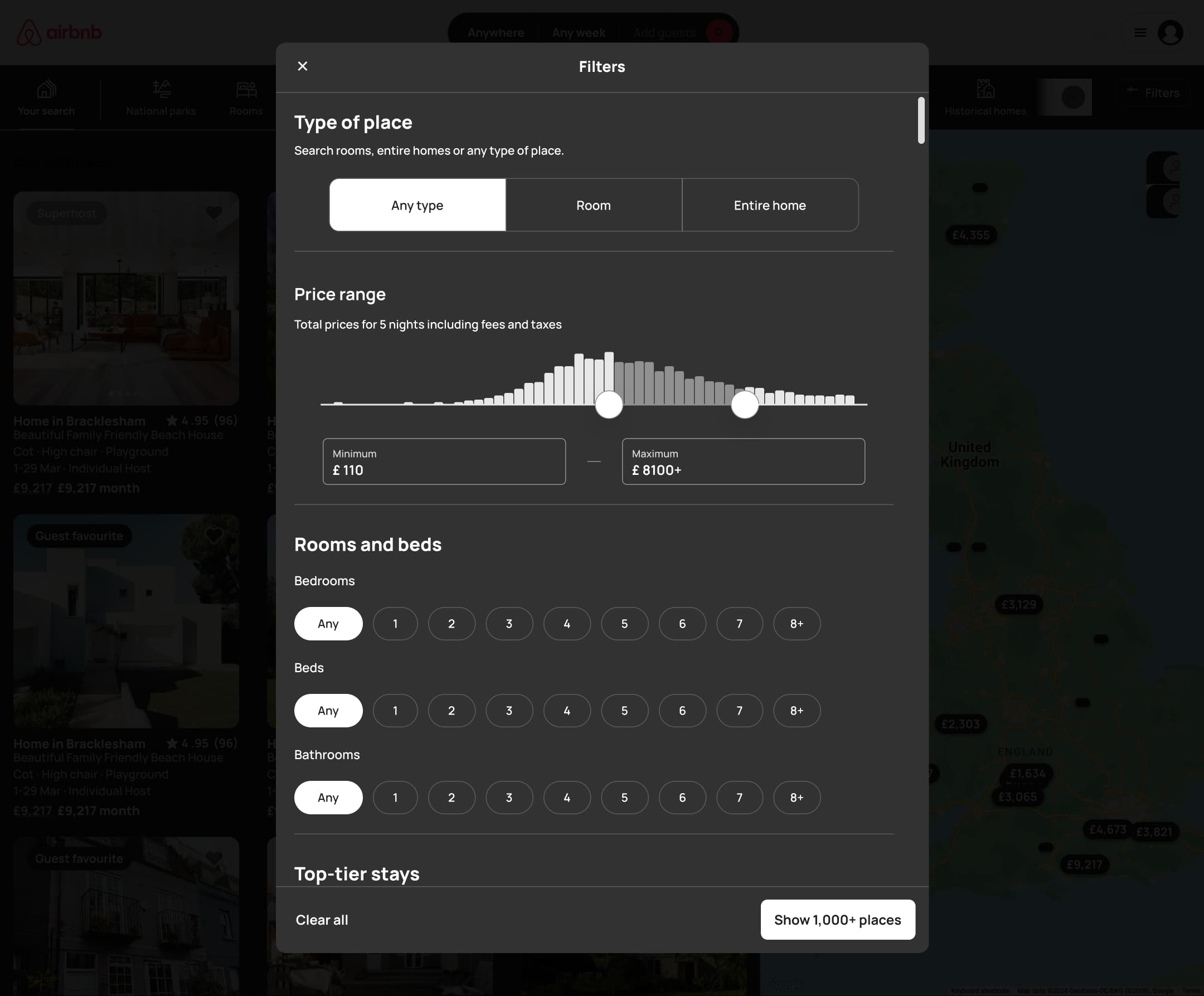 Dark mode: desktop filters with narrowed price range.
