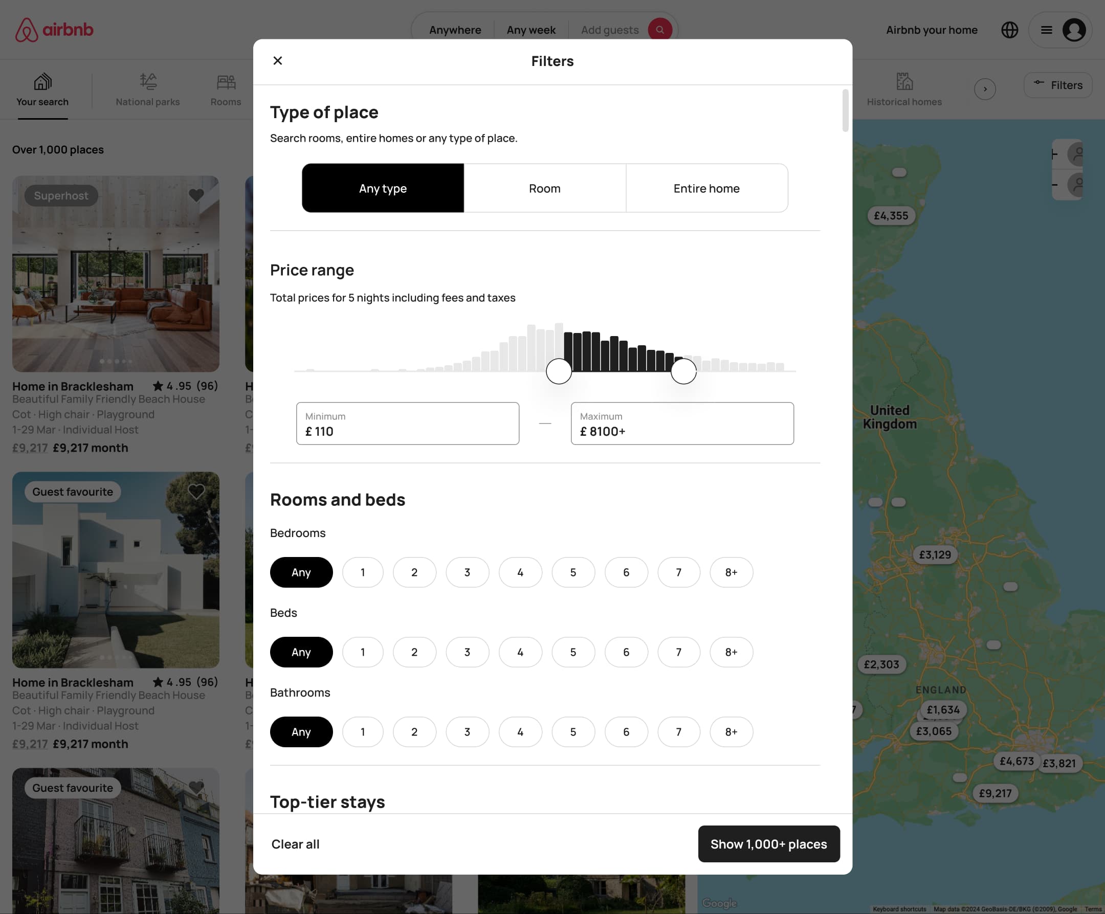 Desktop filters with narrowed price range.
