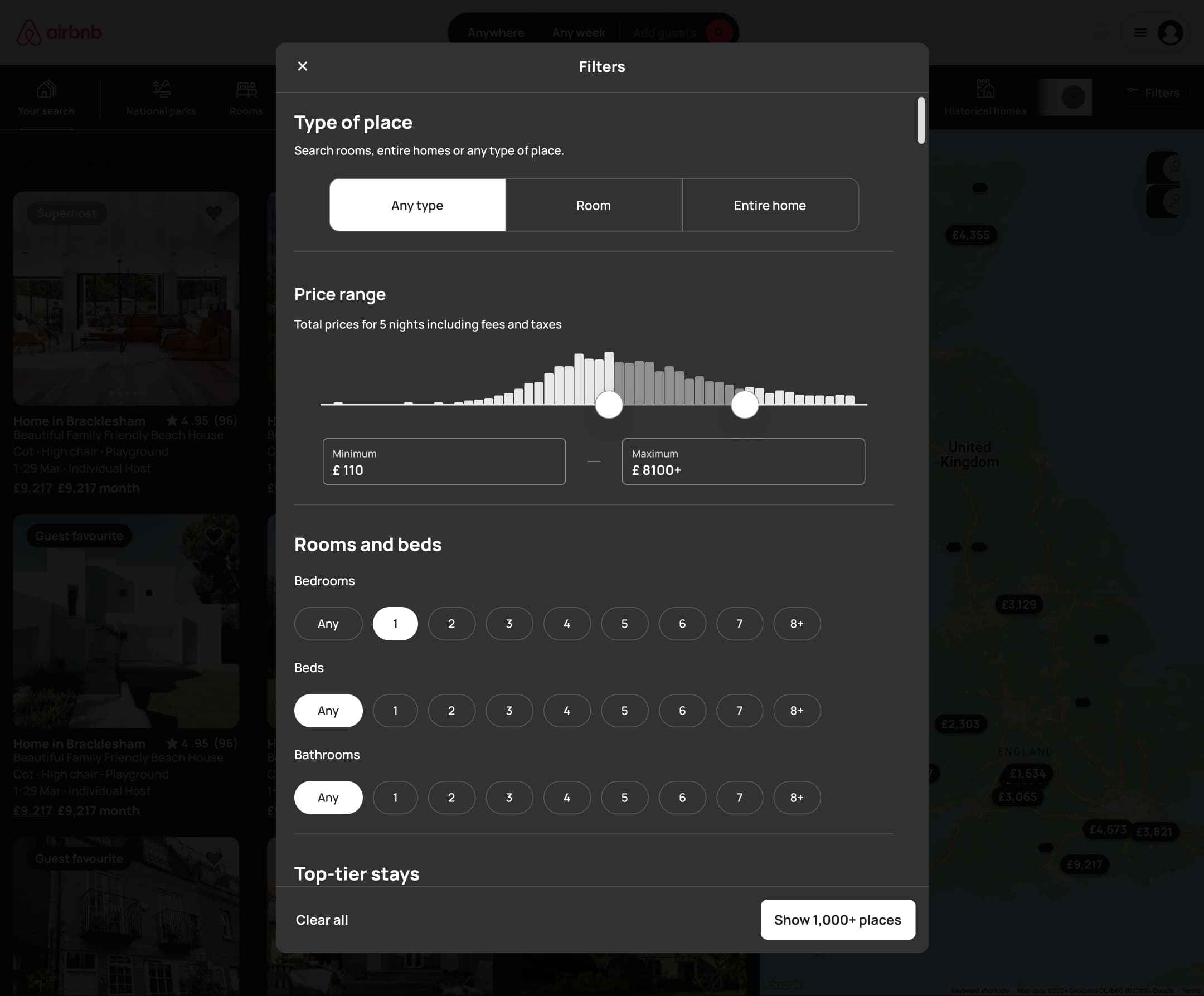 Dark mode: desktop filters with one bedroom chip selected.