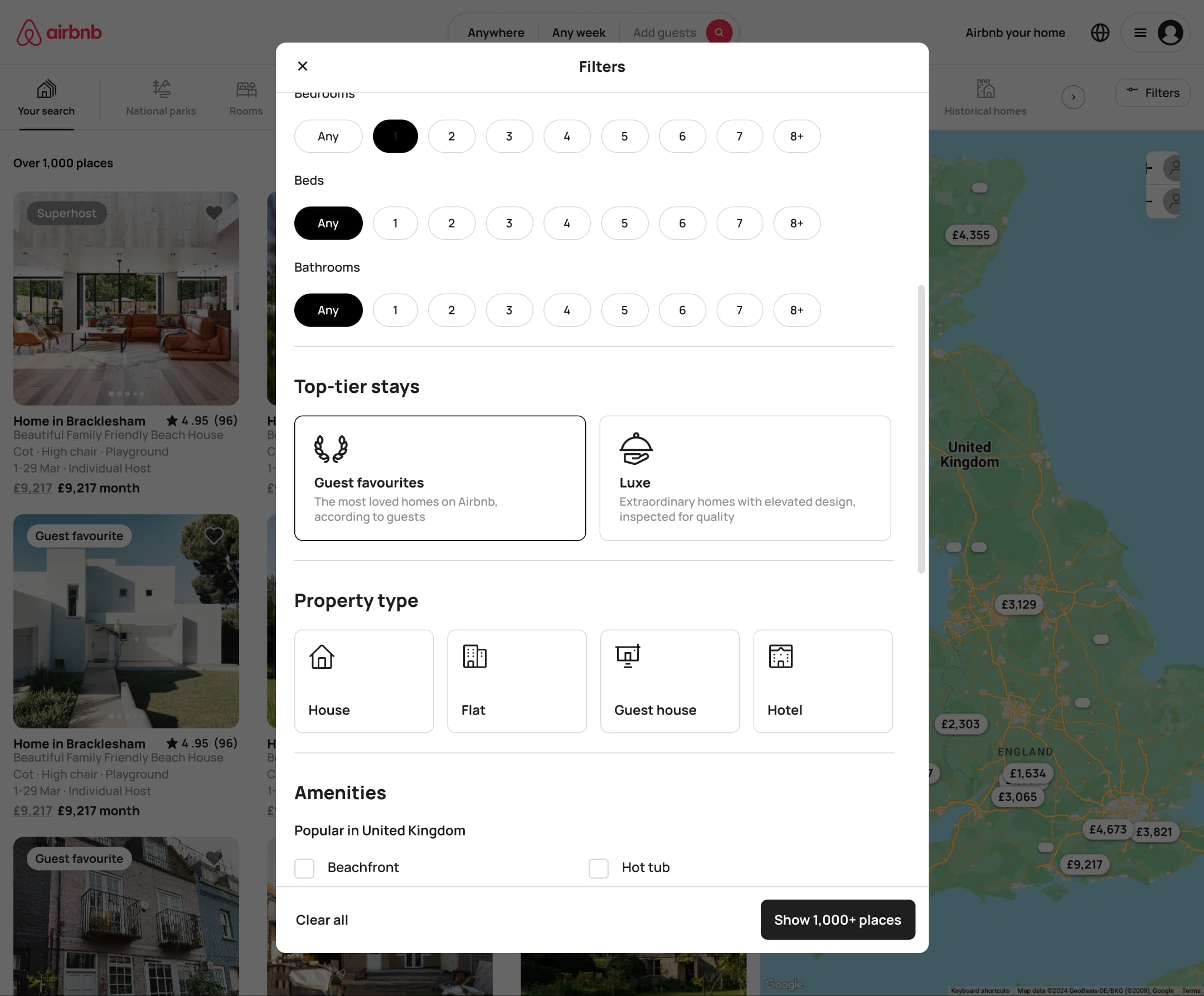 Desktop filters scrolled: top-tier stays, property type and amenities.
