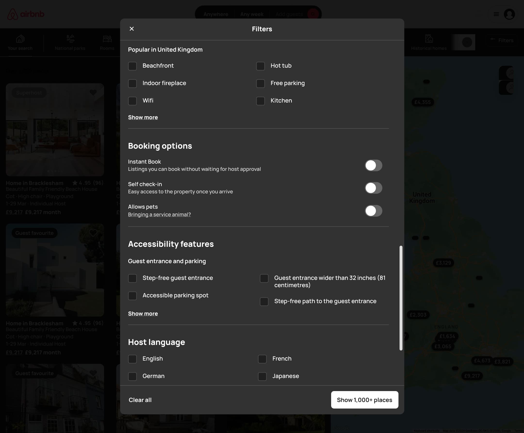 Dark mode: desktop filters: amenities, booking options, accessibility and host language.