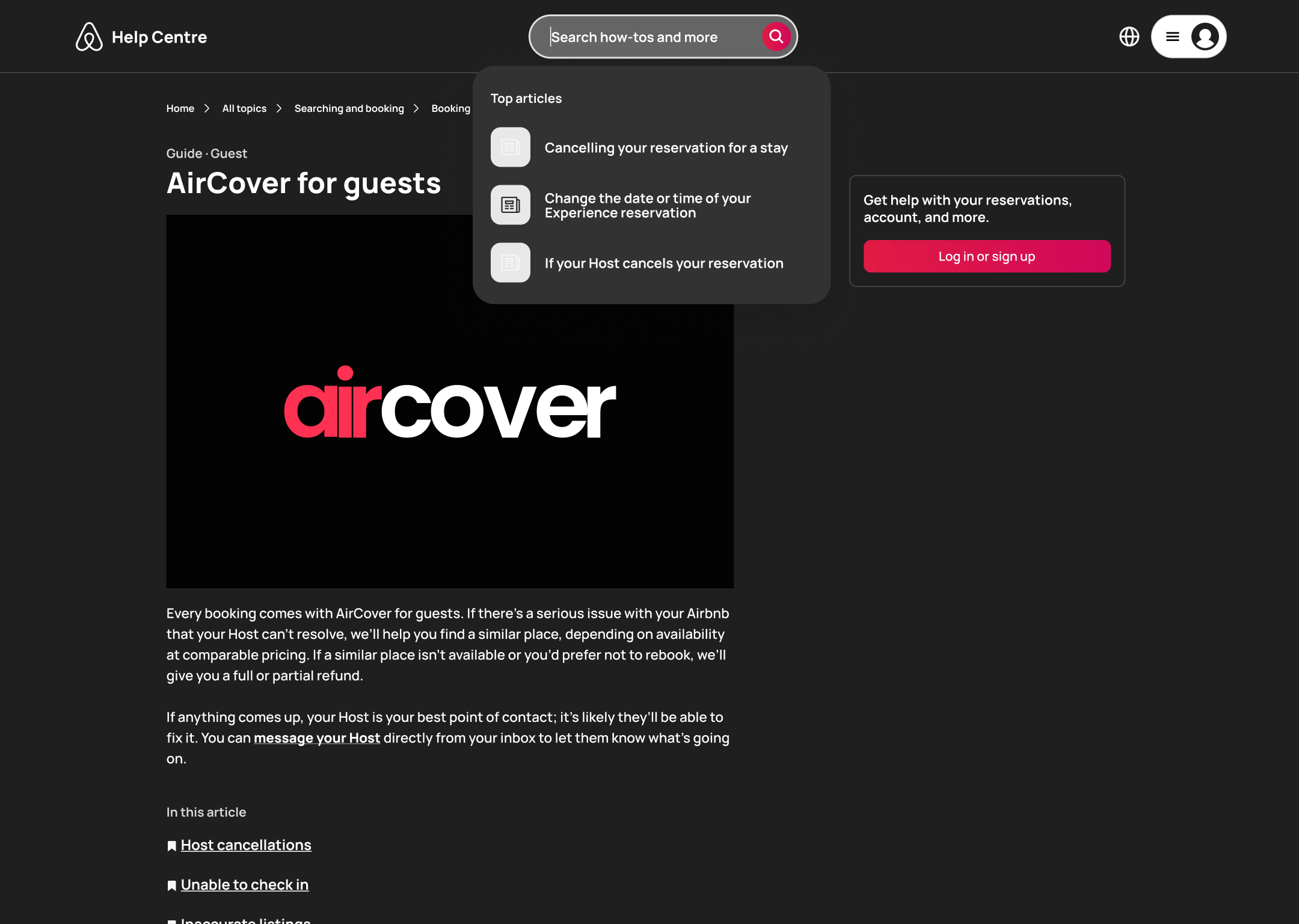 Dark mode: desktop help article with search suggestions: top articles.