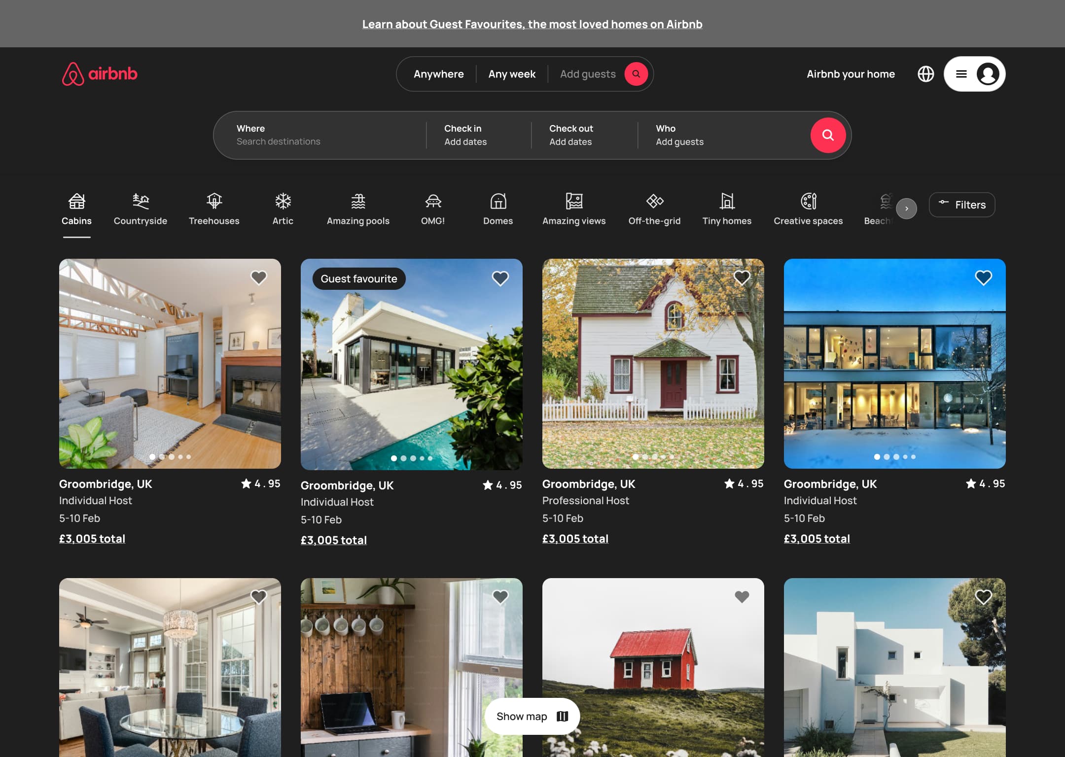 Dark mode: desktop home: expanded where, dates and who search, category strip, filters and listing card grid.