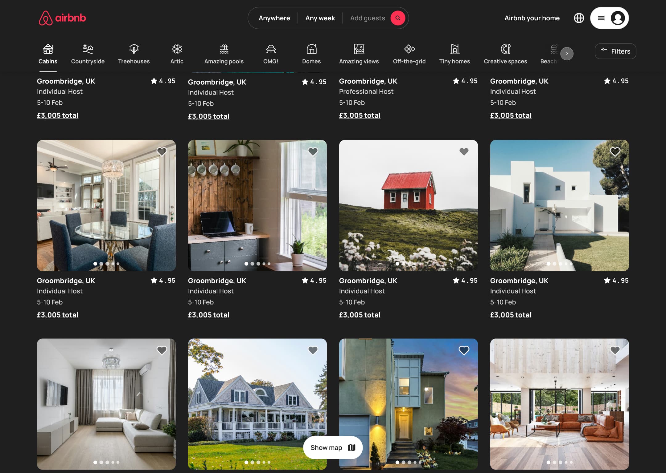 Dark mode: desktop home scrolled with compact search and sticky category strip.