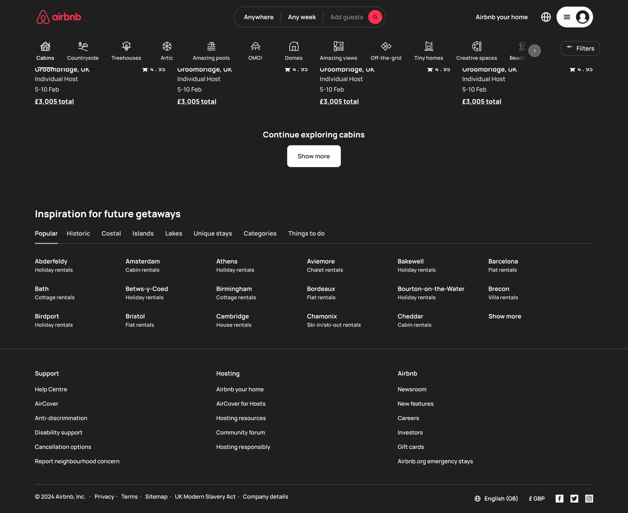 Dark mode: desktop home bottom: show more, inspiration for future getaways tabs and footer links.