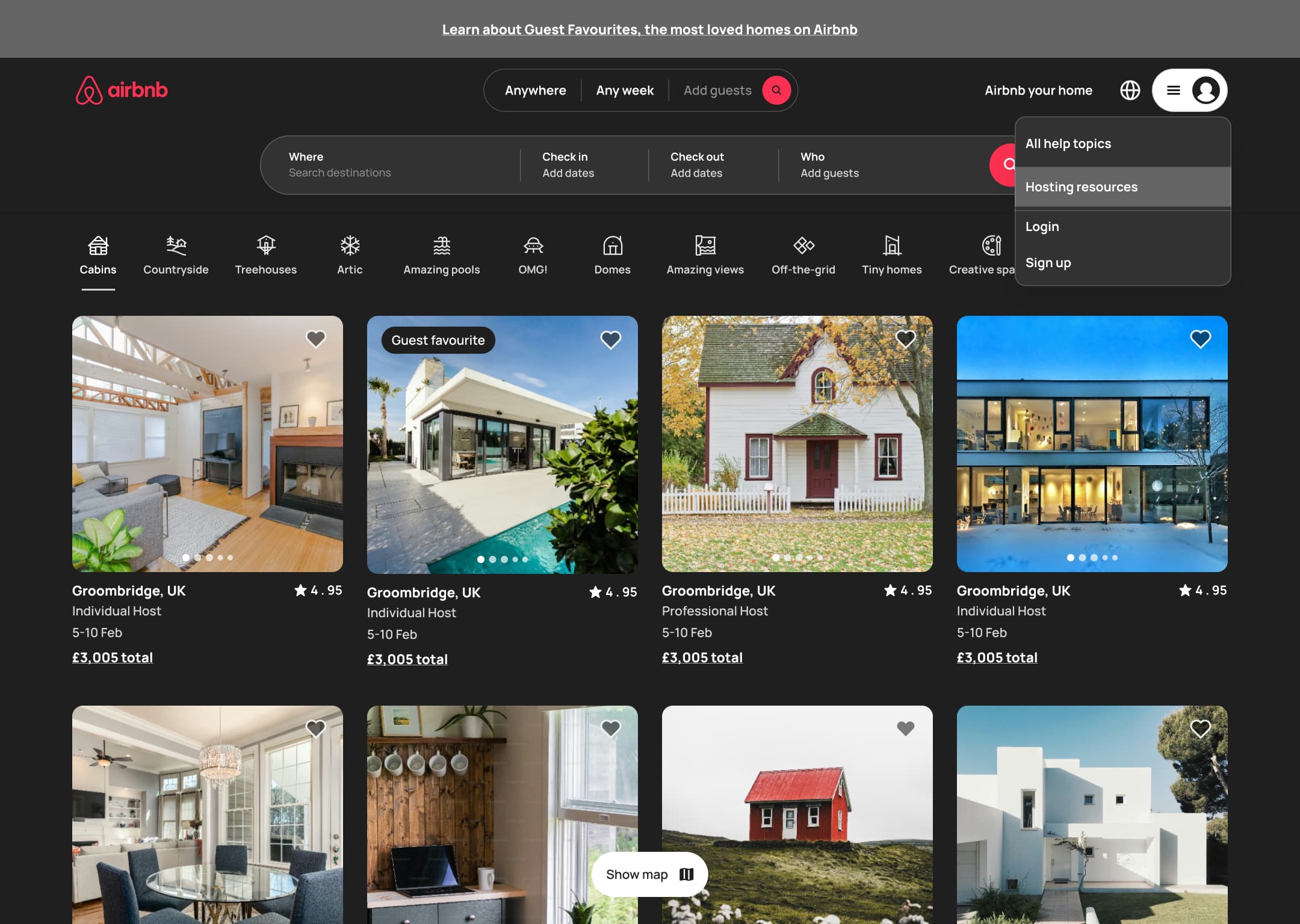 Dark mode: desktop home with user menu: help topics, hosting resources, log in and sign up.