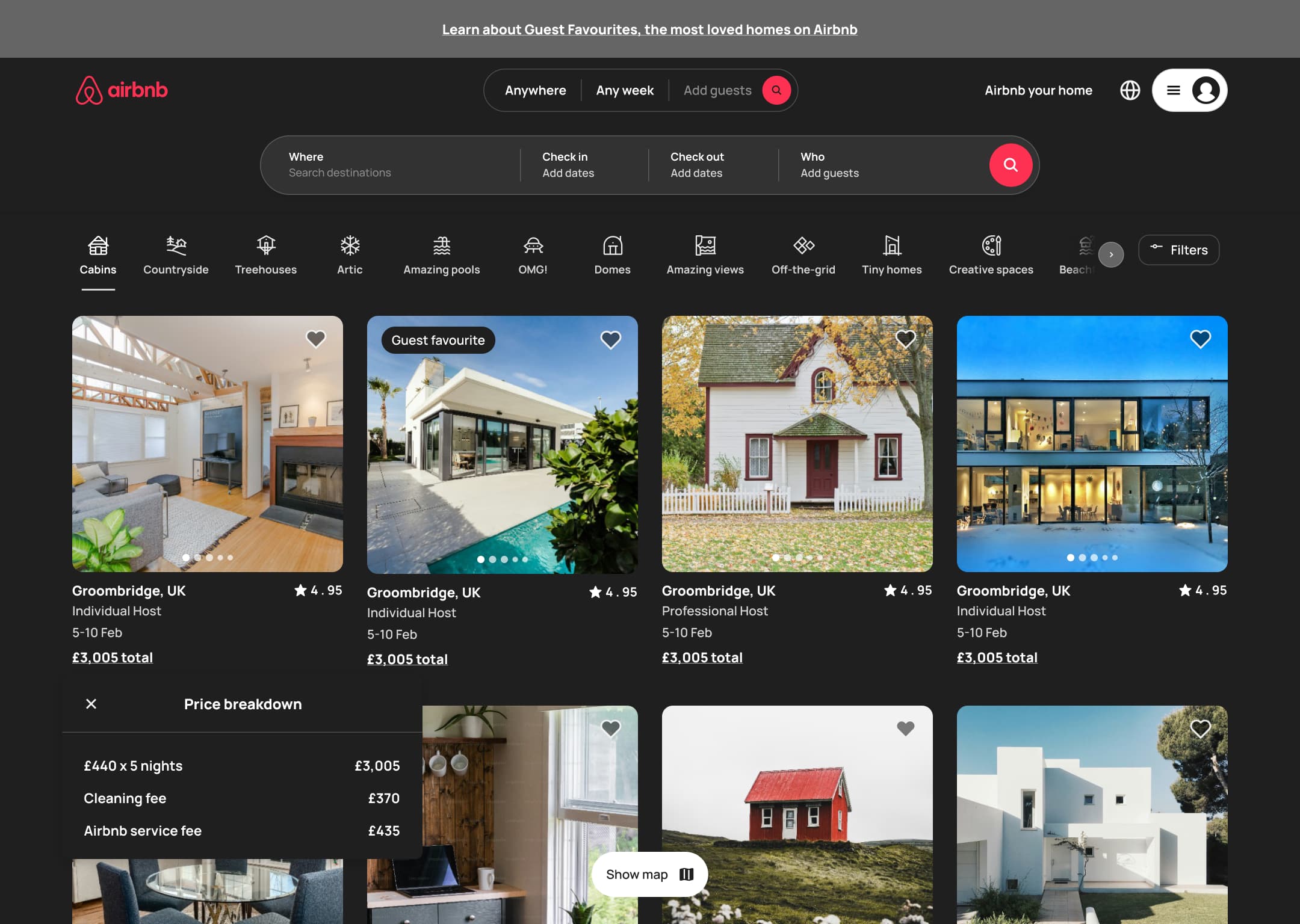 Dark mode: desktop home with price breakdown popover on a listing card.