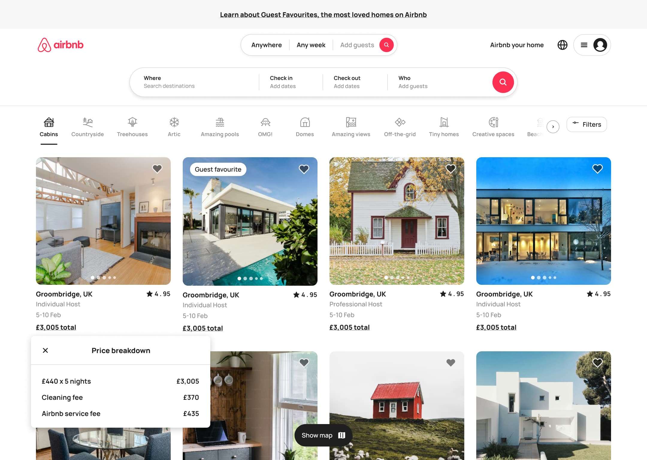 Desktop home with price breakdown popover on a listing card.