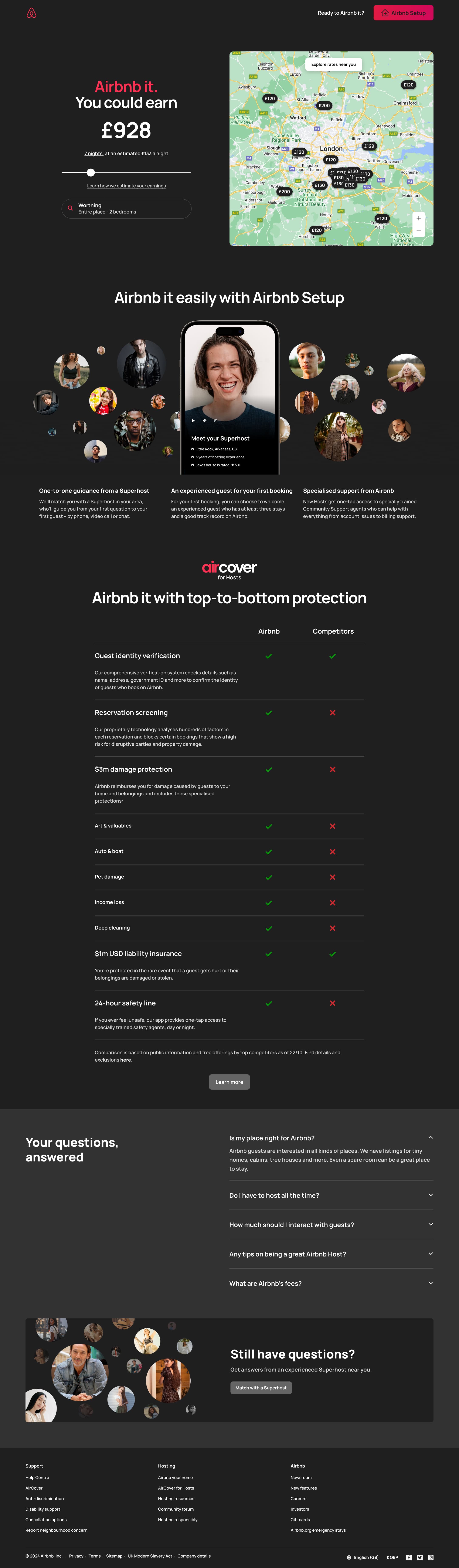 Dark mode: desktop list your property landing: earnings estimate, map, setup, protection comparison and FAQs.