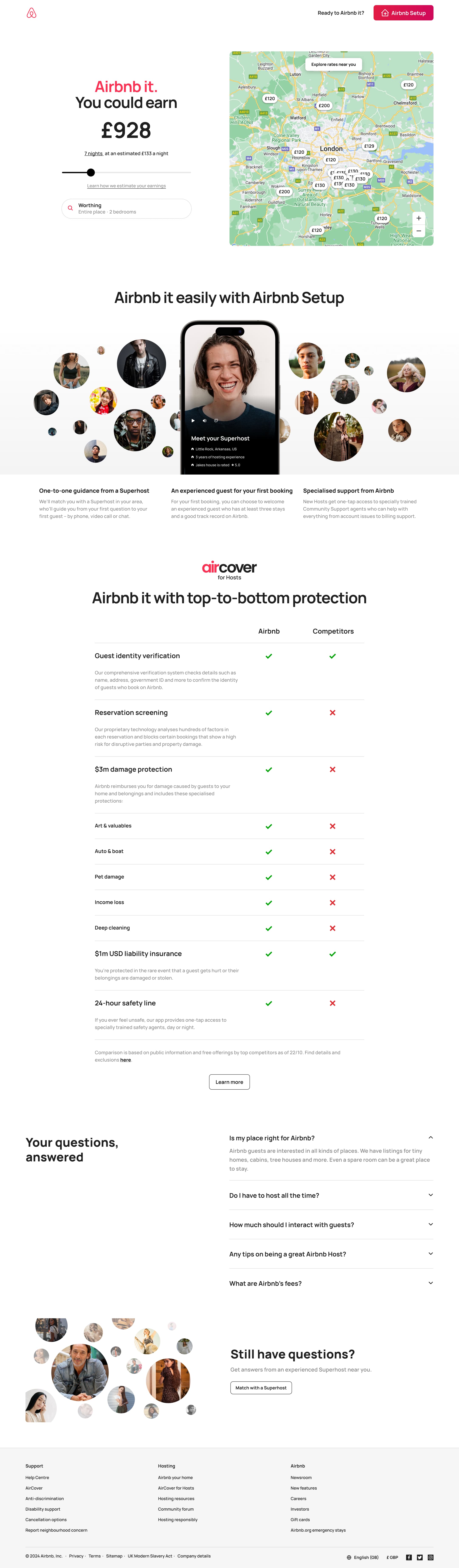 Desktop list your property landing: earnings estimate, map, setup, protection comparison and FAQs.