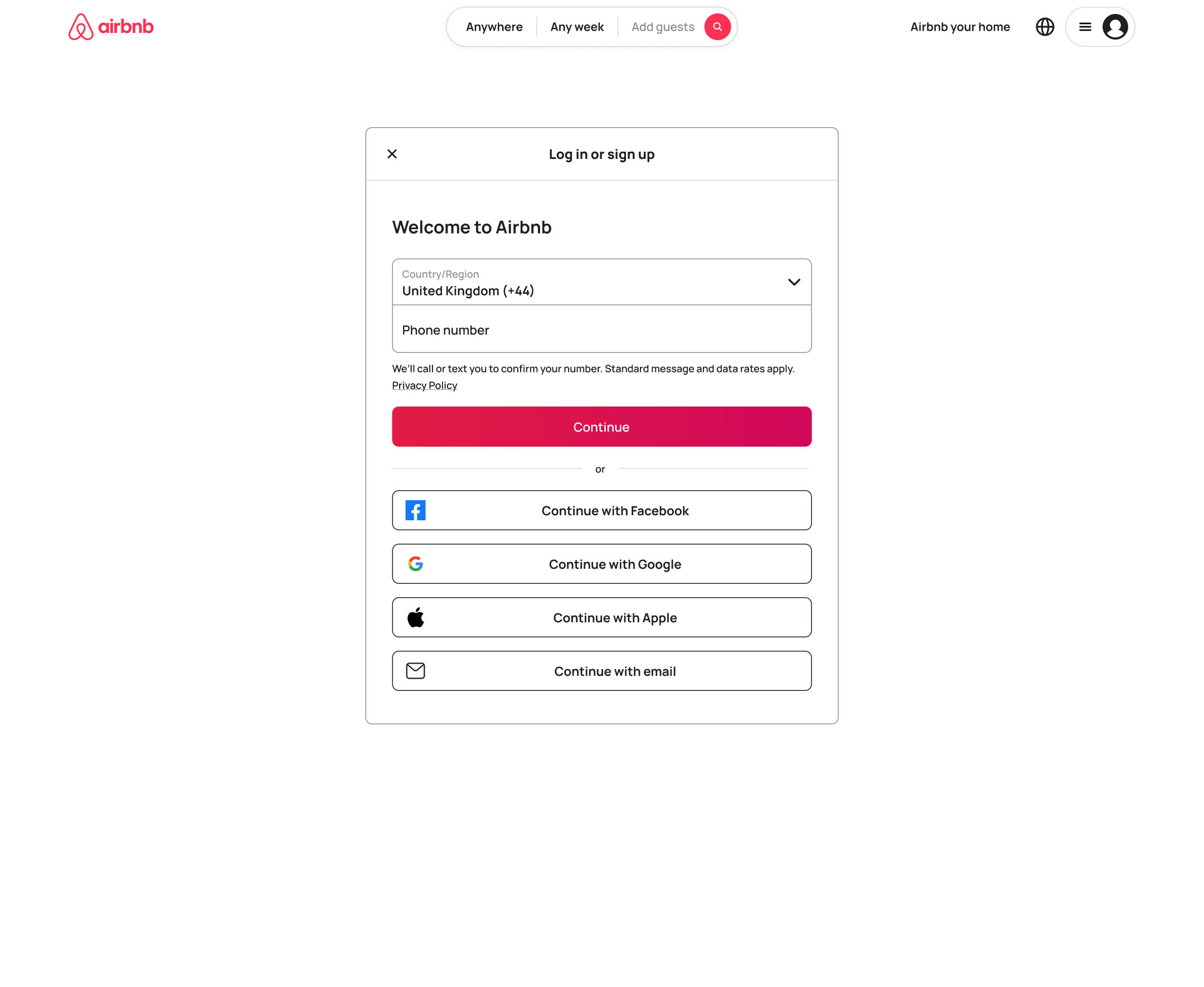Desktop full-page log in or sign up: country and phone number.