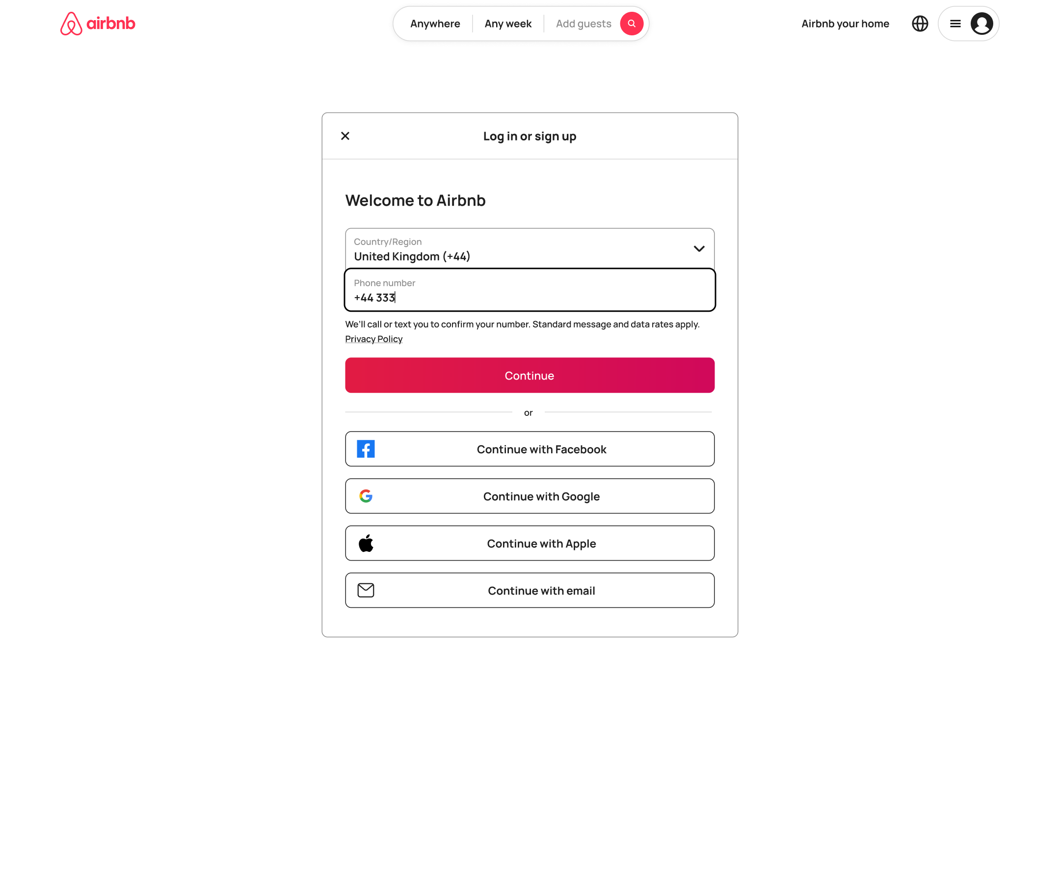 Desktop log in: phone number entered.