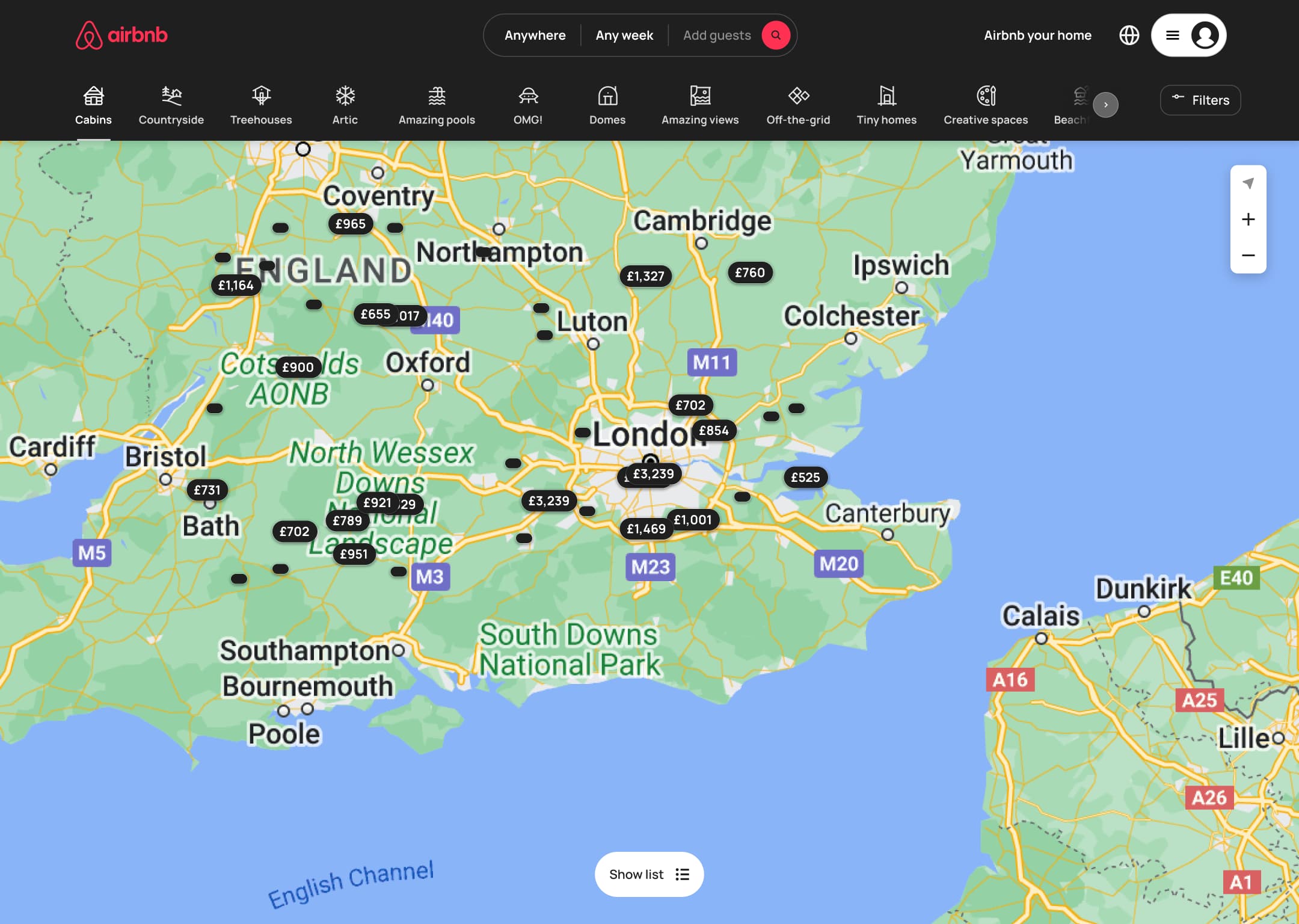 Dark mode: desktop full map with price pins, zoom controls and show list button.