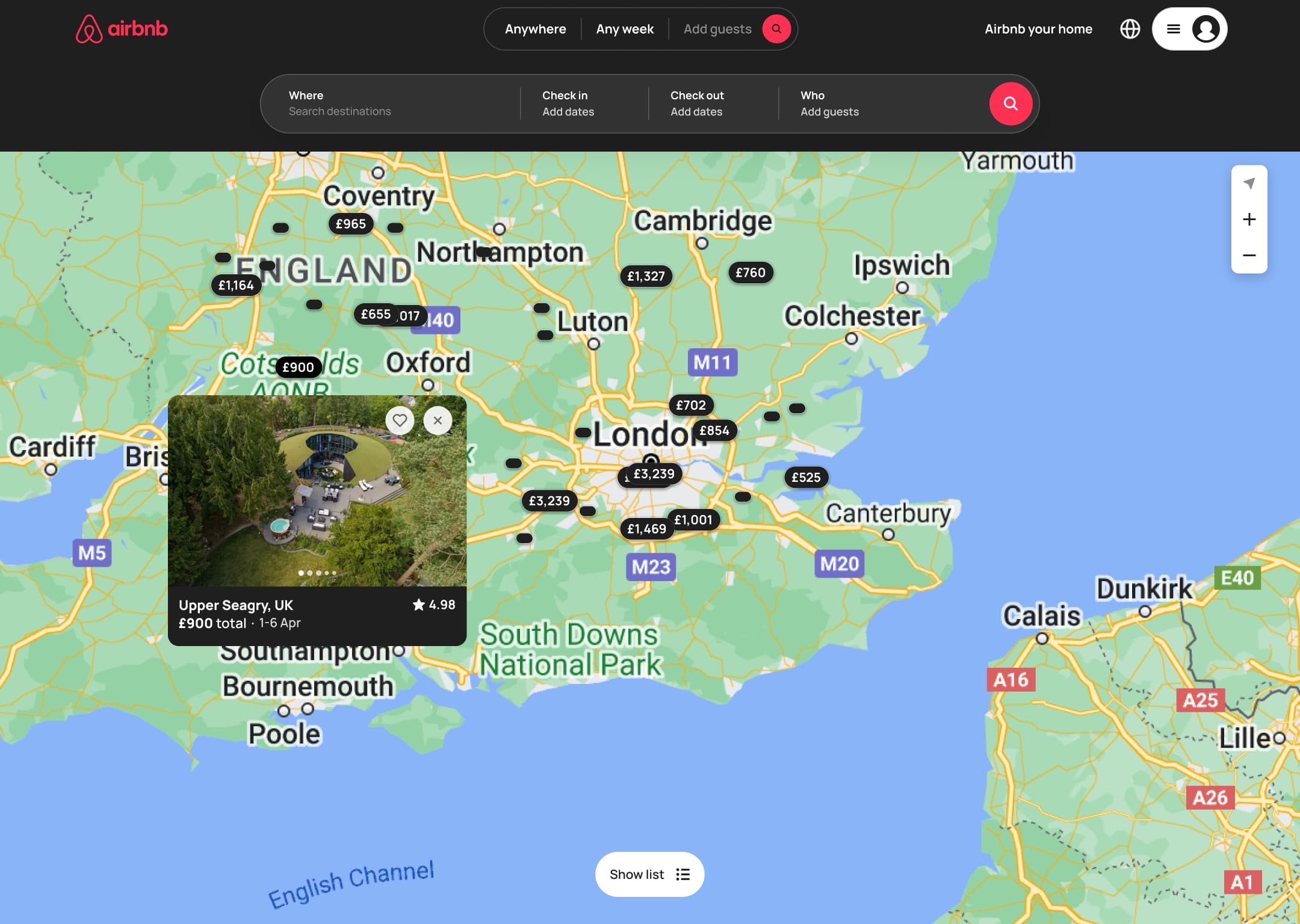 Dark mode: desktop map with a selected pin listing preview card.