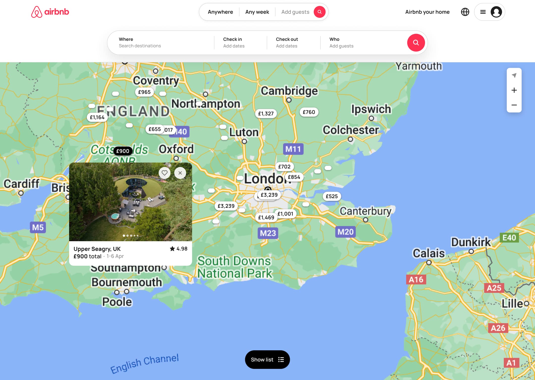 Desktop map with a selected pin listing preview card.