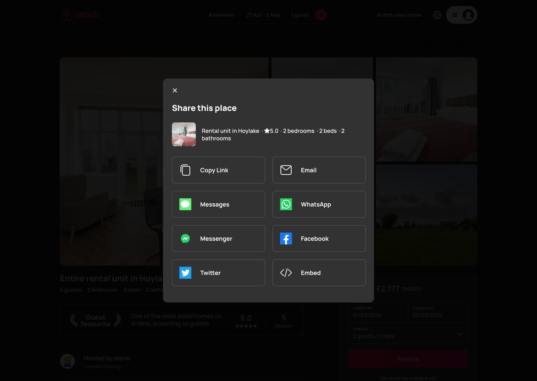Dark mode: desktop share this place modal: copy link, email, messaging and social options.
