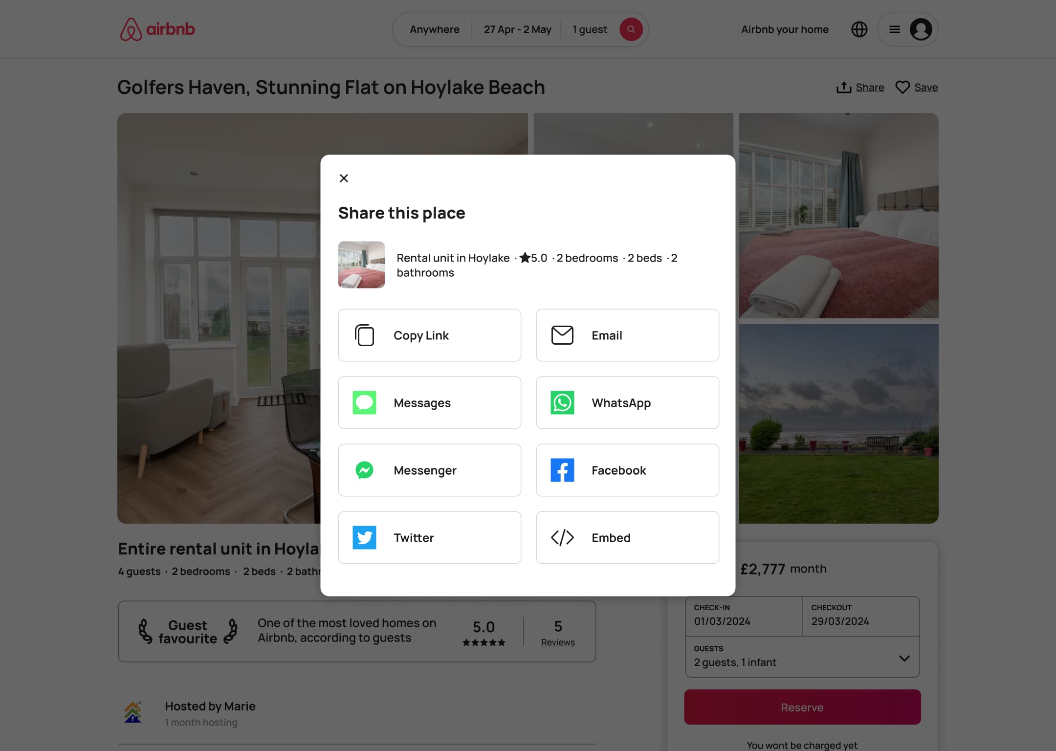 Desktop share this place modal: copy link, email, messaging and social options.