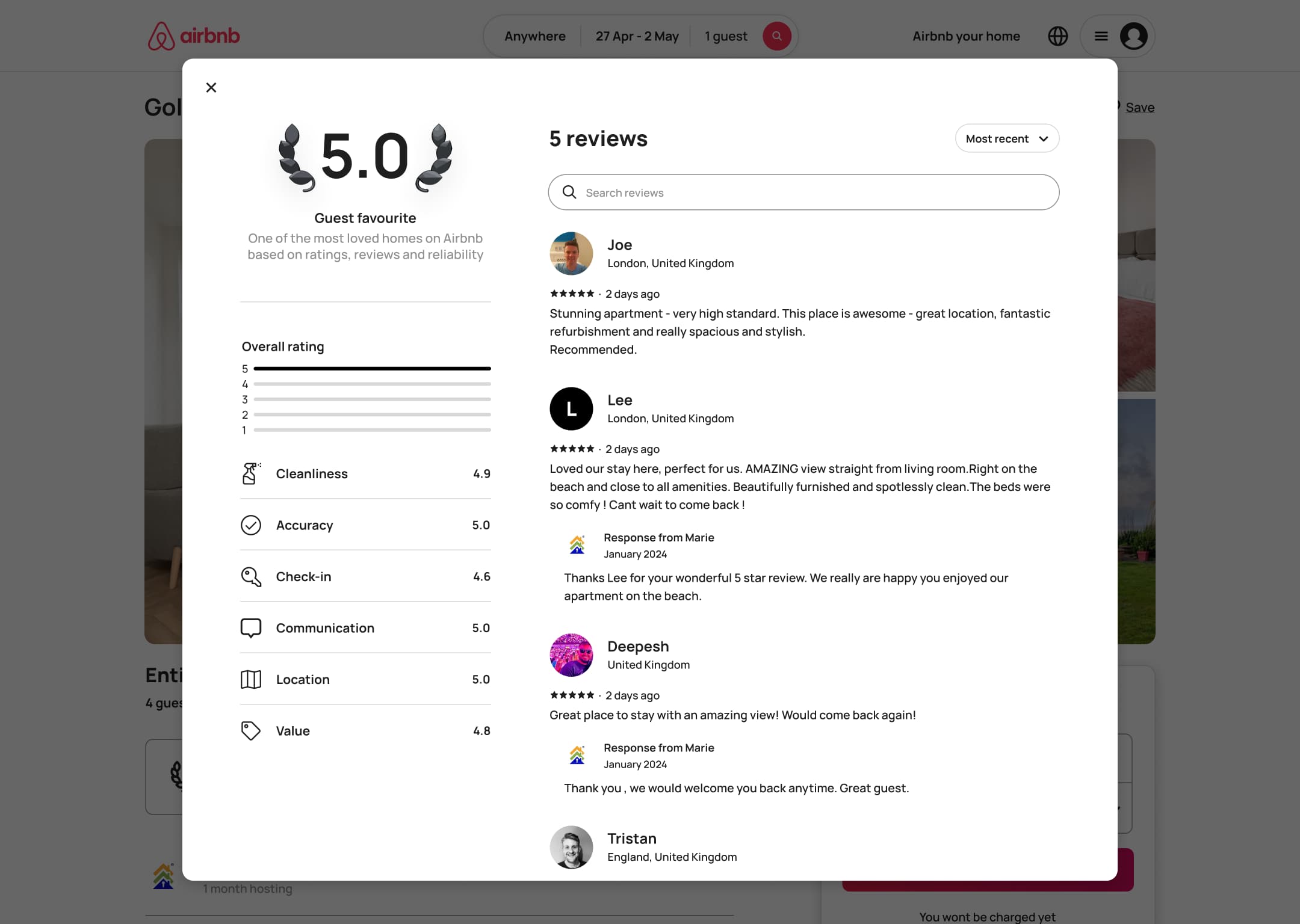 Desktop reviews modal: rating breakdown, search, sort and reviews with host responses.