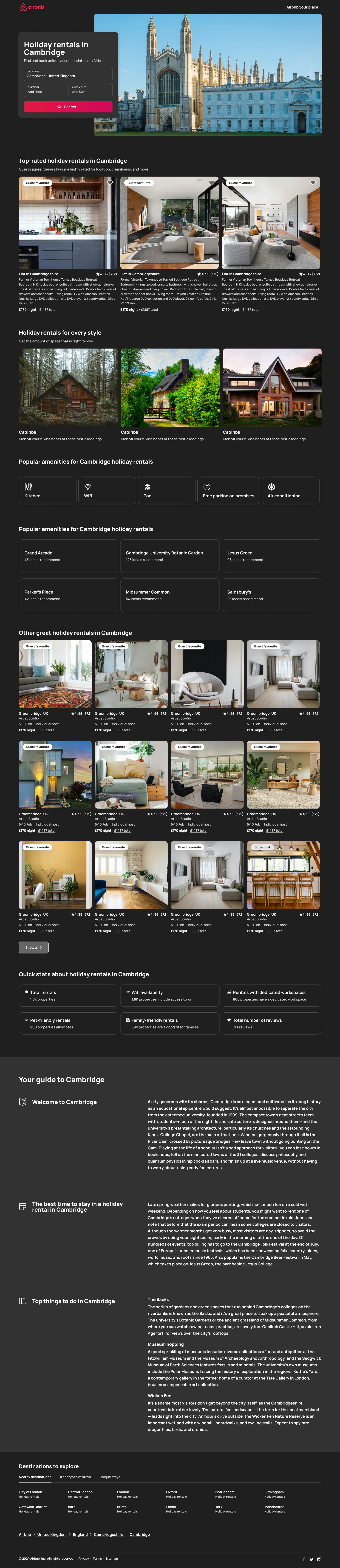 Dark mode: desktop city rentals landing page: full-length with listings, map and guides.
