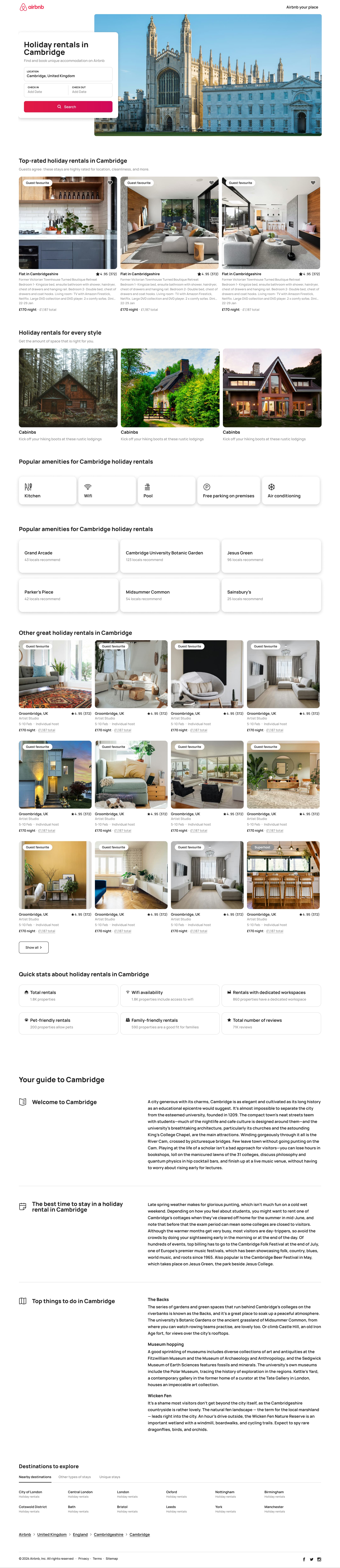 Desktop city rentals landing page: full-length with listings, map and guides.