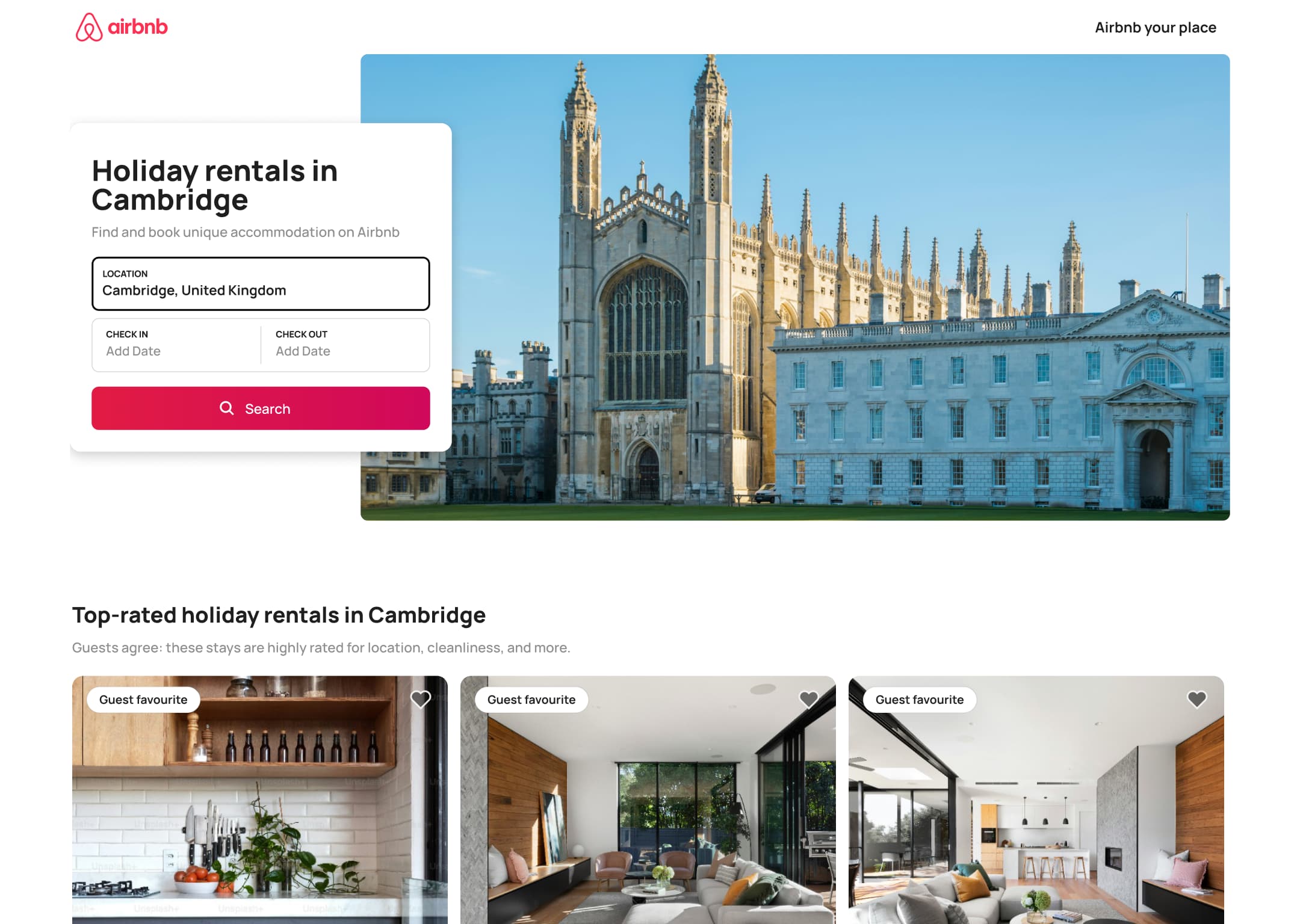 Desktop holiday rentals in a city: location and dates search with top-rated stays.