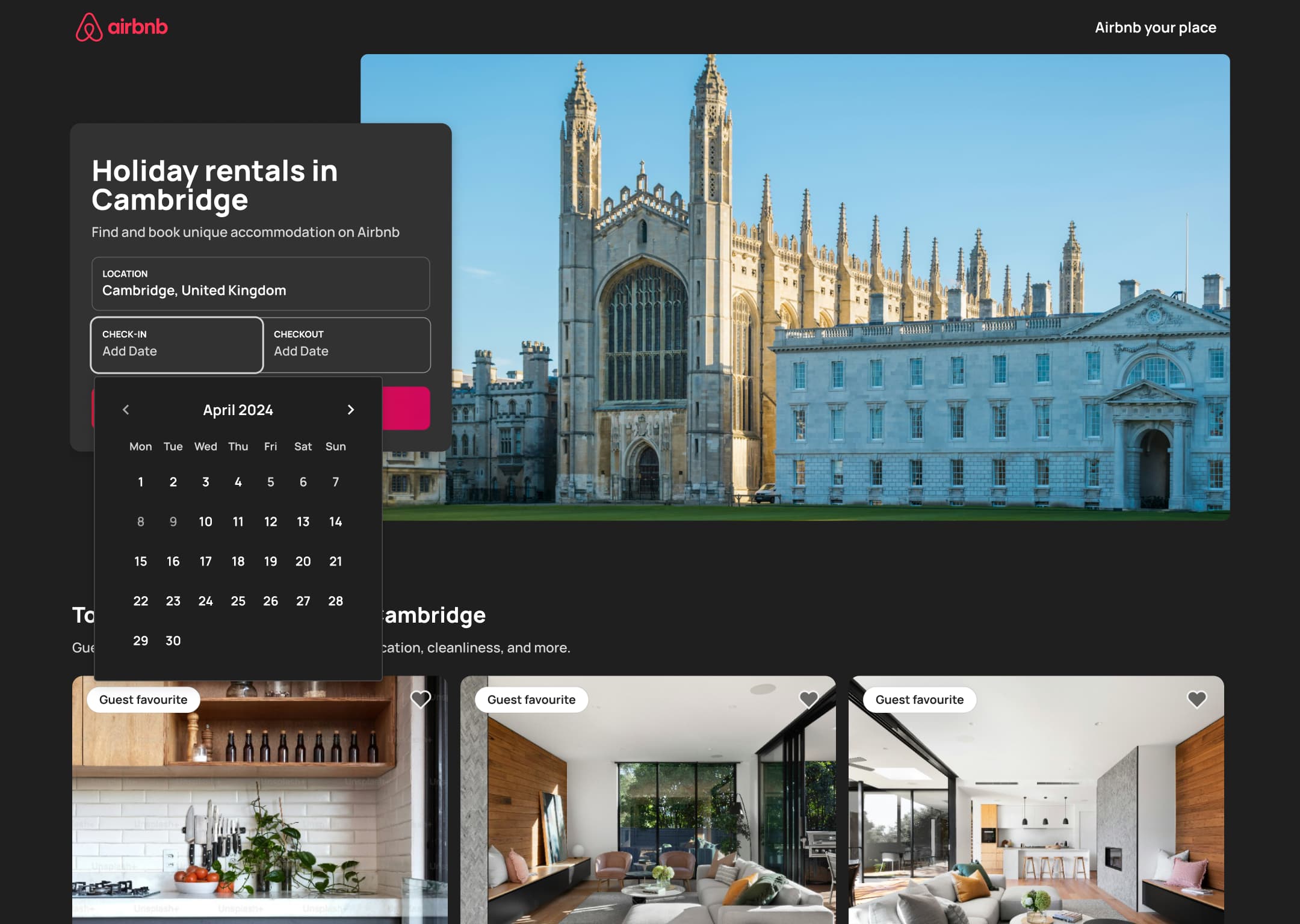 Dark mode: desktop city landing with check-in calendar open.