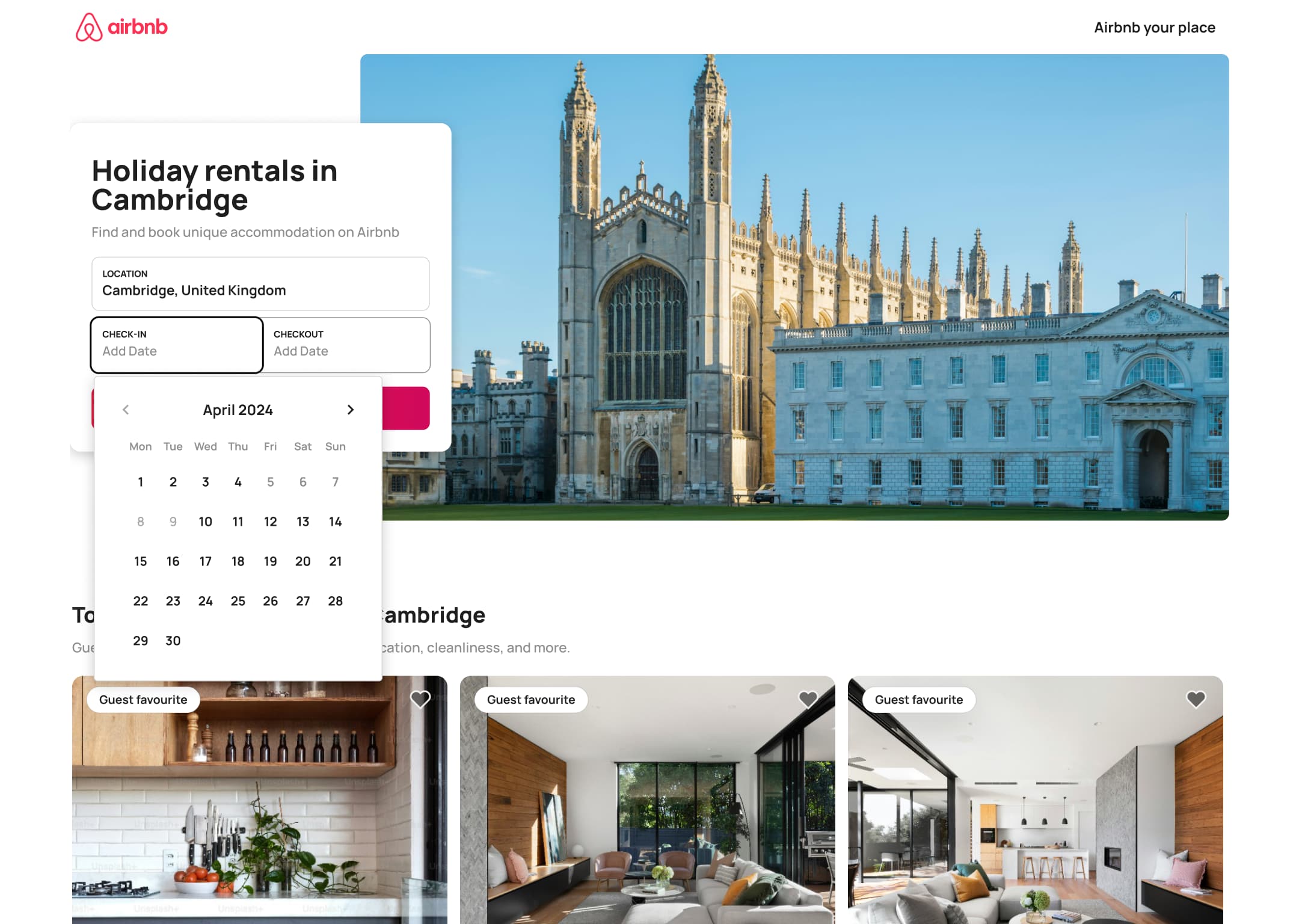 Desktop city landing with check-in calendar open.