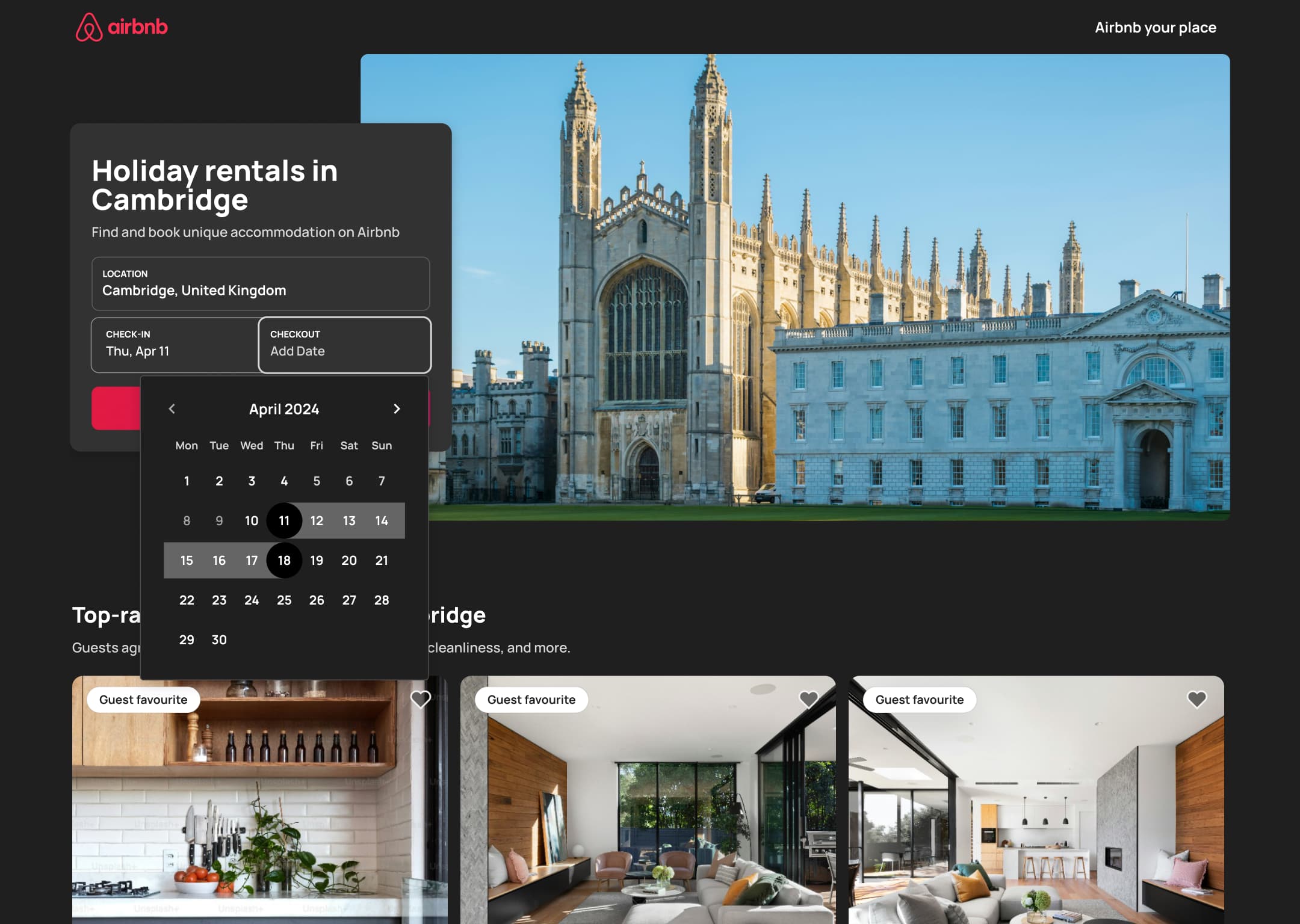 Dark mode: desktop city landing with check-out calendar and range selected.