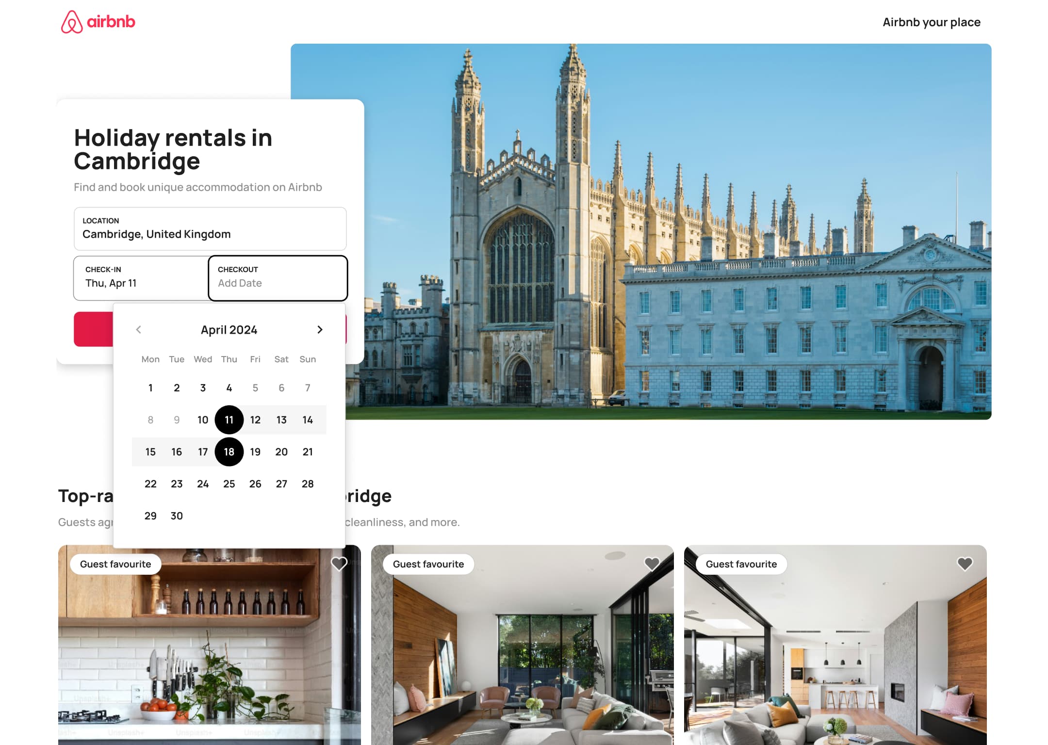 Desktop city landing with check-out calendar and range selected.