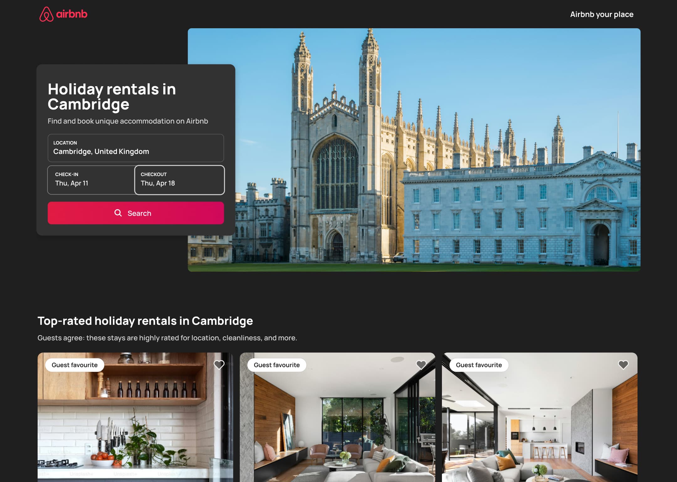 Dark mode: desktop city landing with dates filled ready to search.