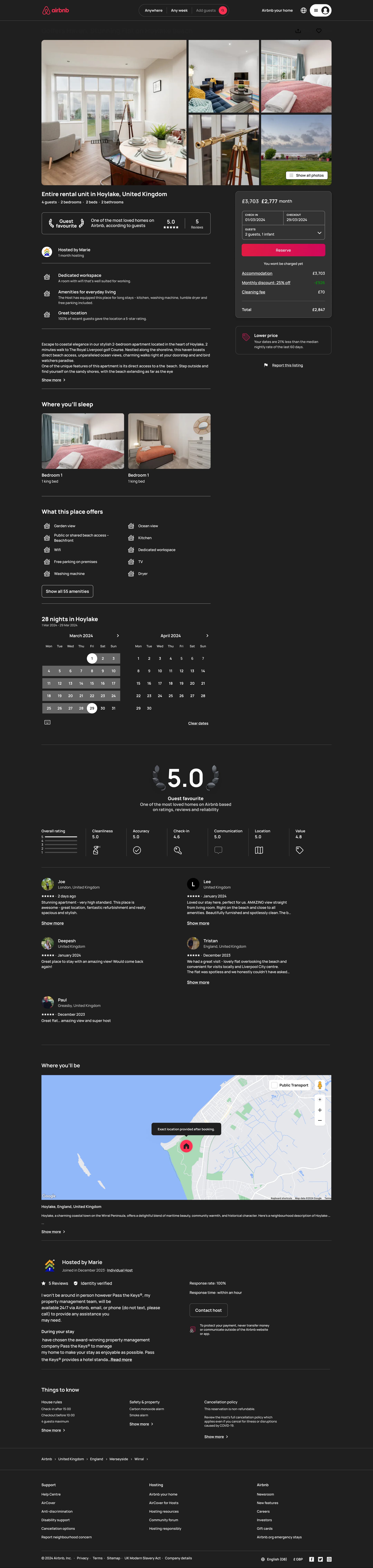 Dark mode: desktop listing page overview: full-length capture of photos, details, calendar, reviews and map.