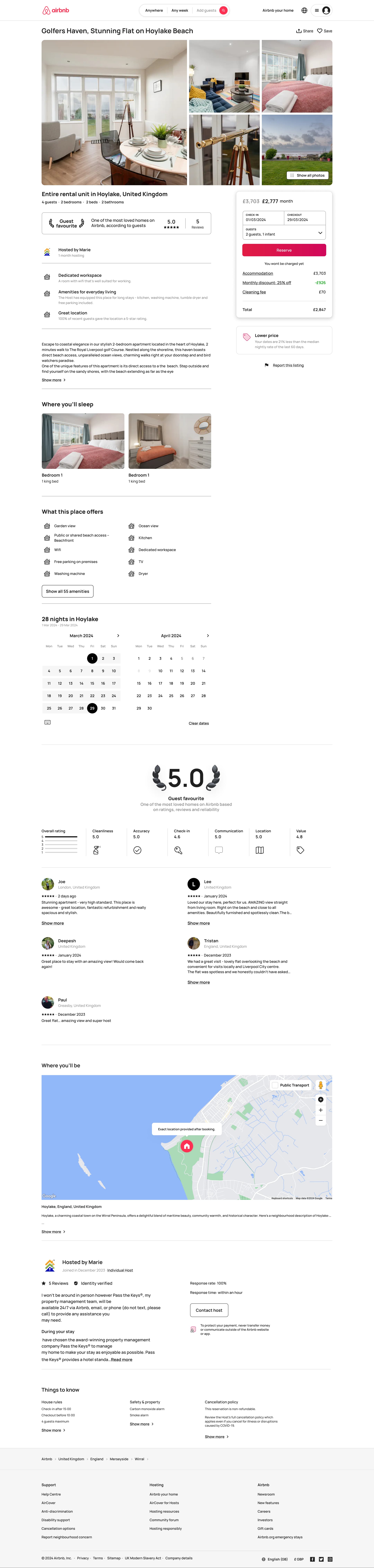 Desktop listing page overview: full-length capture of photos, details, calendar, reviews and map.
