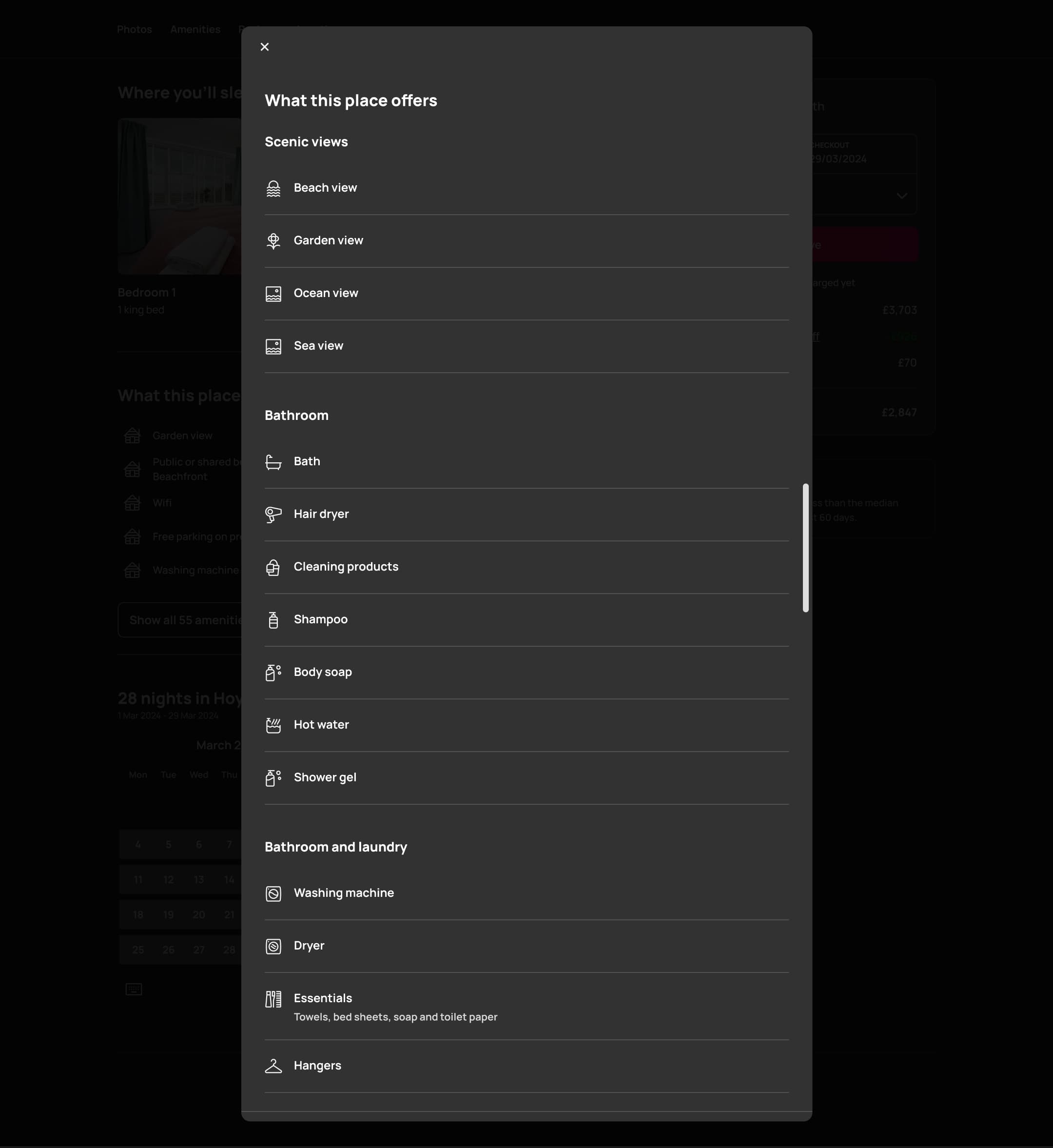 Dark mode: desktop modal: what this place offers amenity list.