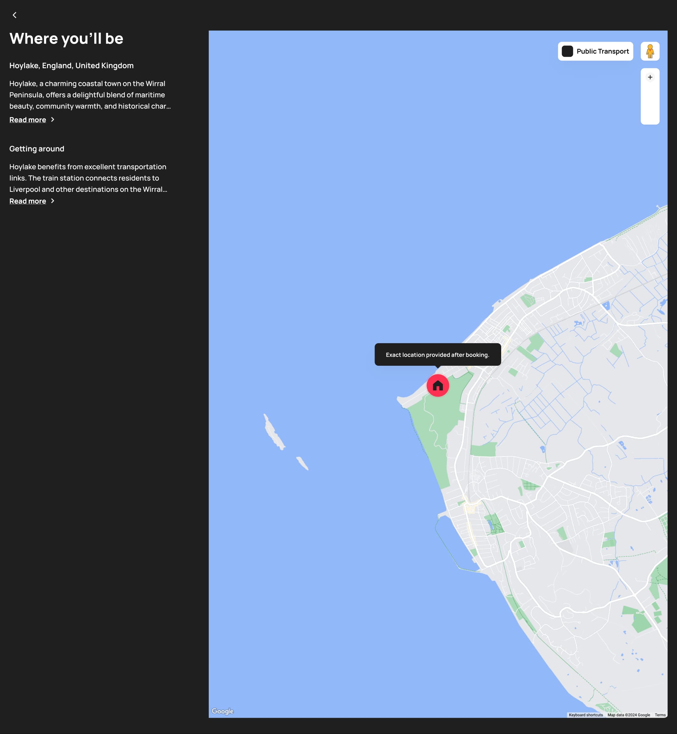 Dark mode: desktop where you'll be: location text and large map.