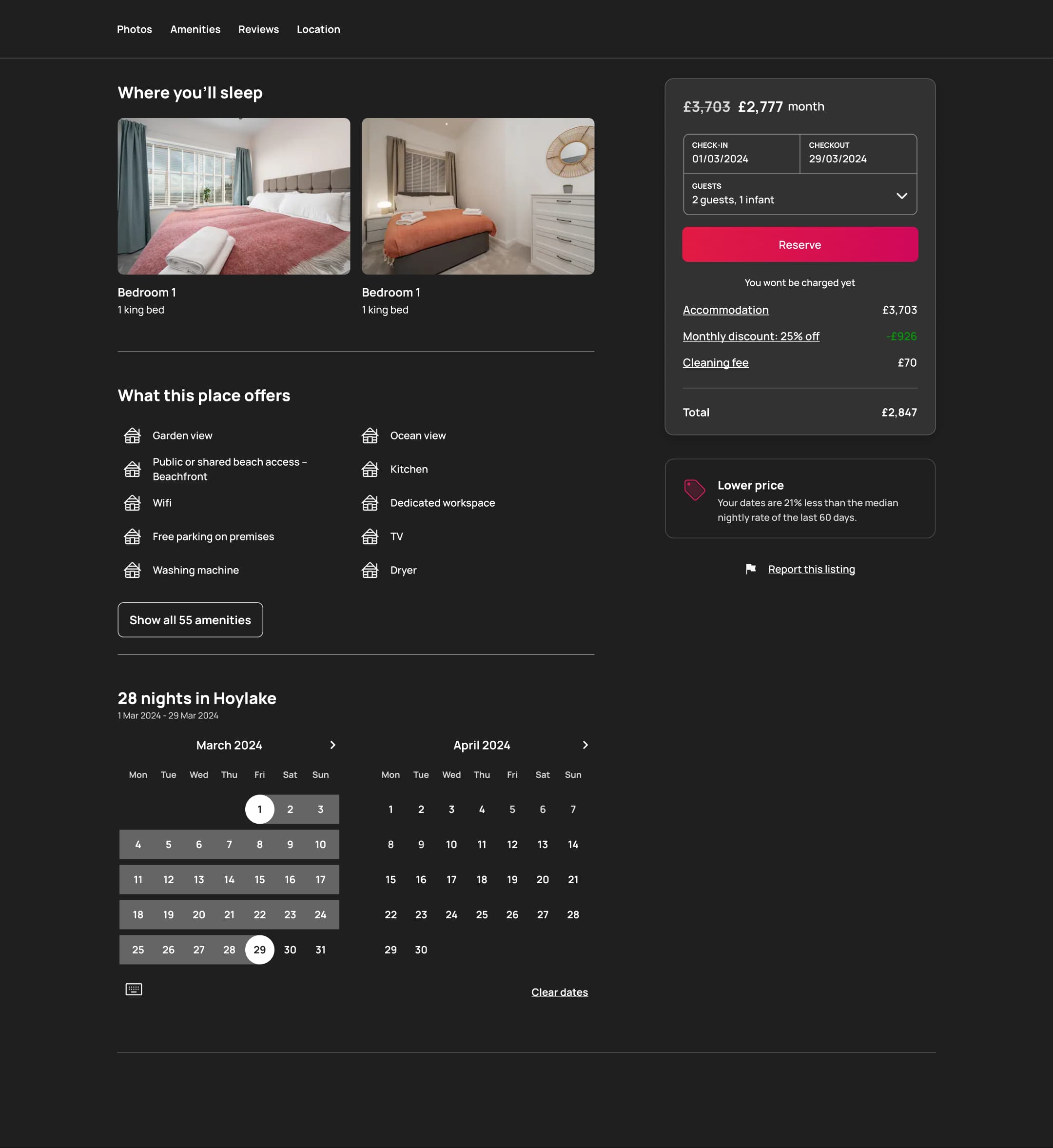 Dark mode: desktop listing scrolled: where you'll sleep, amenities and nights calendar with sticky reservation card.