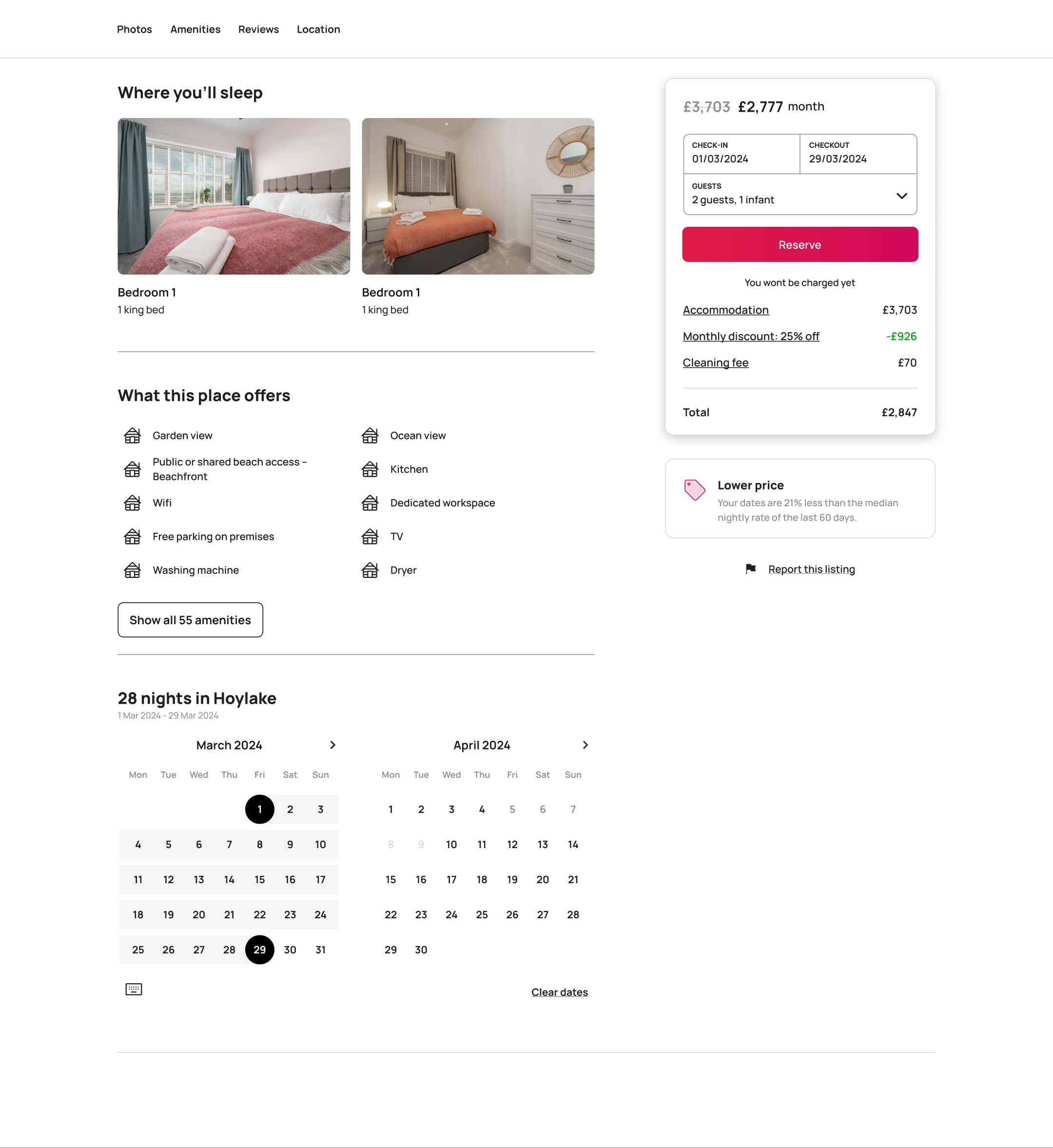 Desktop listing scrolled: where you'll sleep, amenities and nights calendar with sticky reservation card.