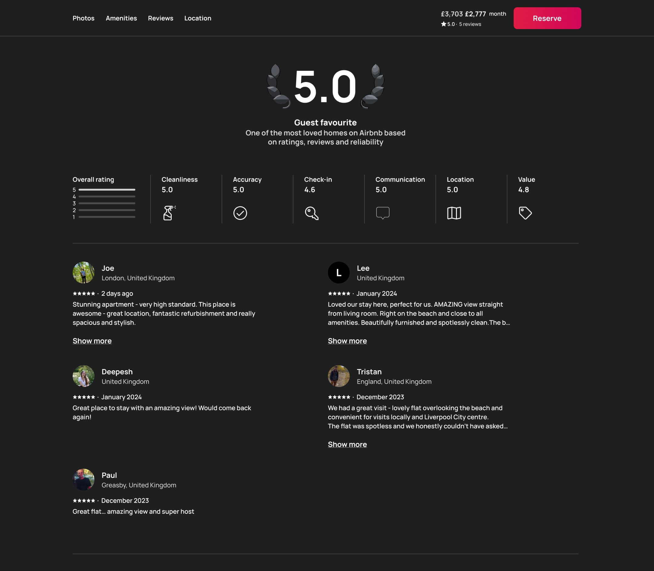 Dark mode: desktop listing reviews: guest favourite rating, category scores and reviews.