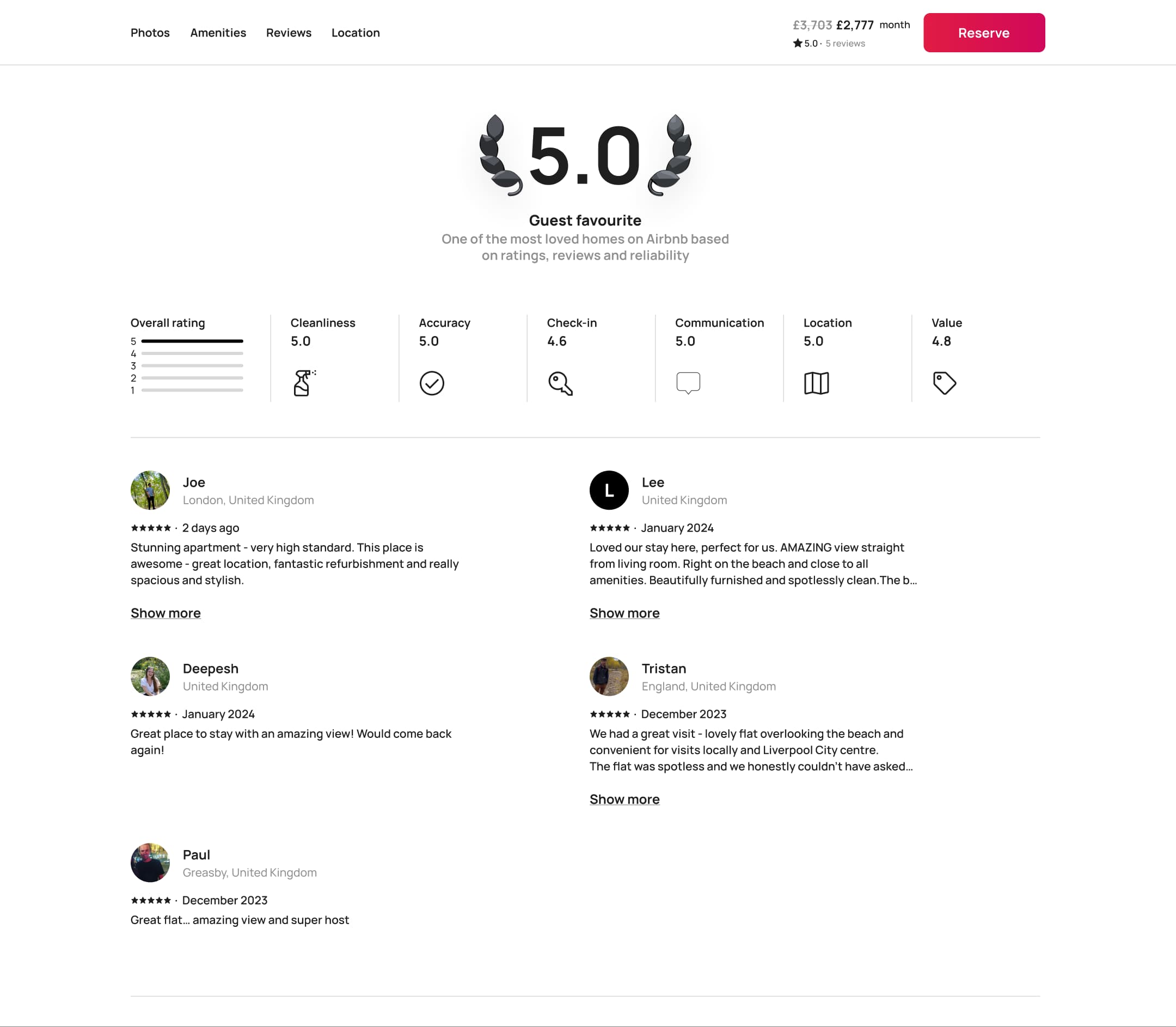 Desktop listing reviews: guest favourite rating, category scores and reviews.