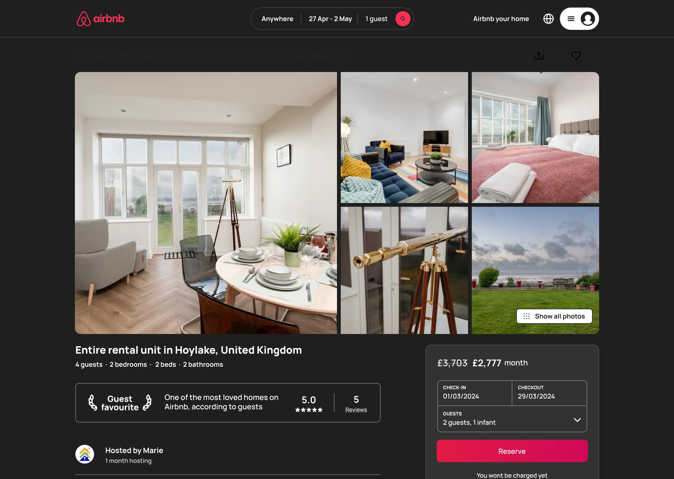 Dark mode: desktop listing: title, share and save, photo mosaic, highlights and reserve card.