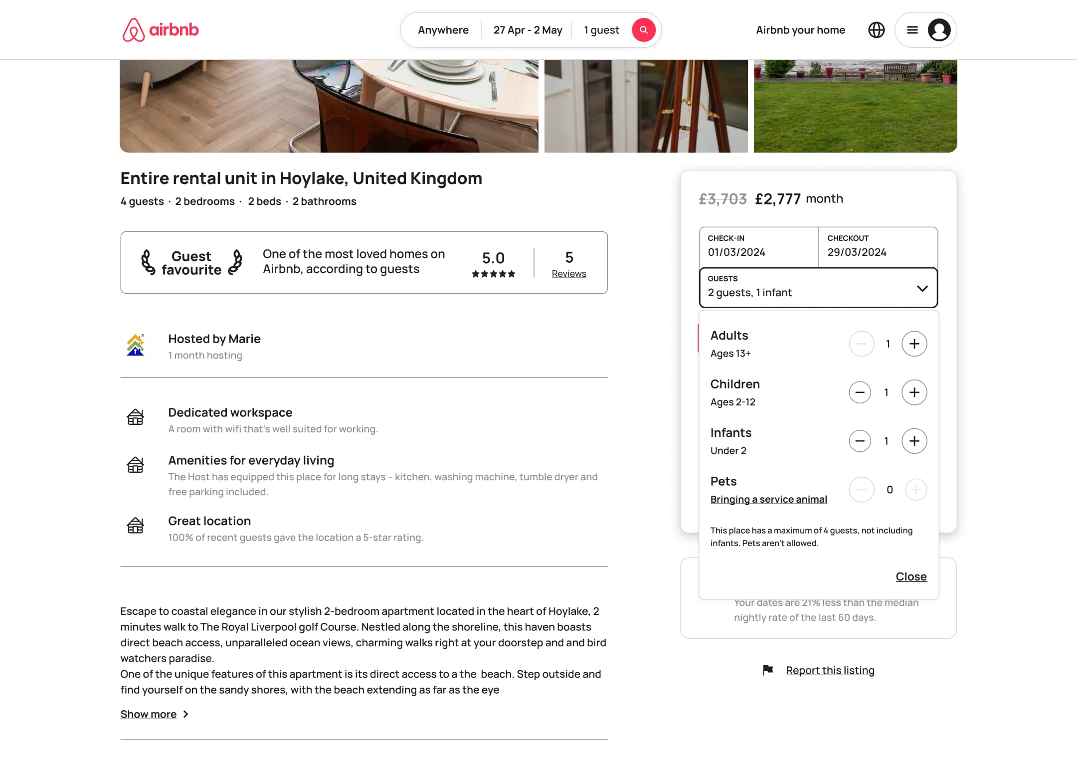 Desktop listing with guests dropdown open in reservation card.