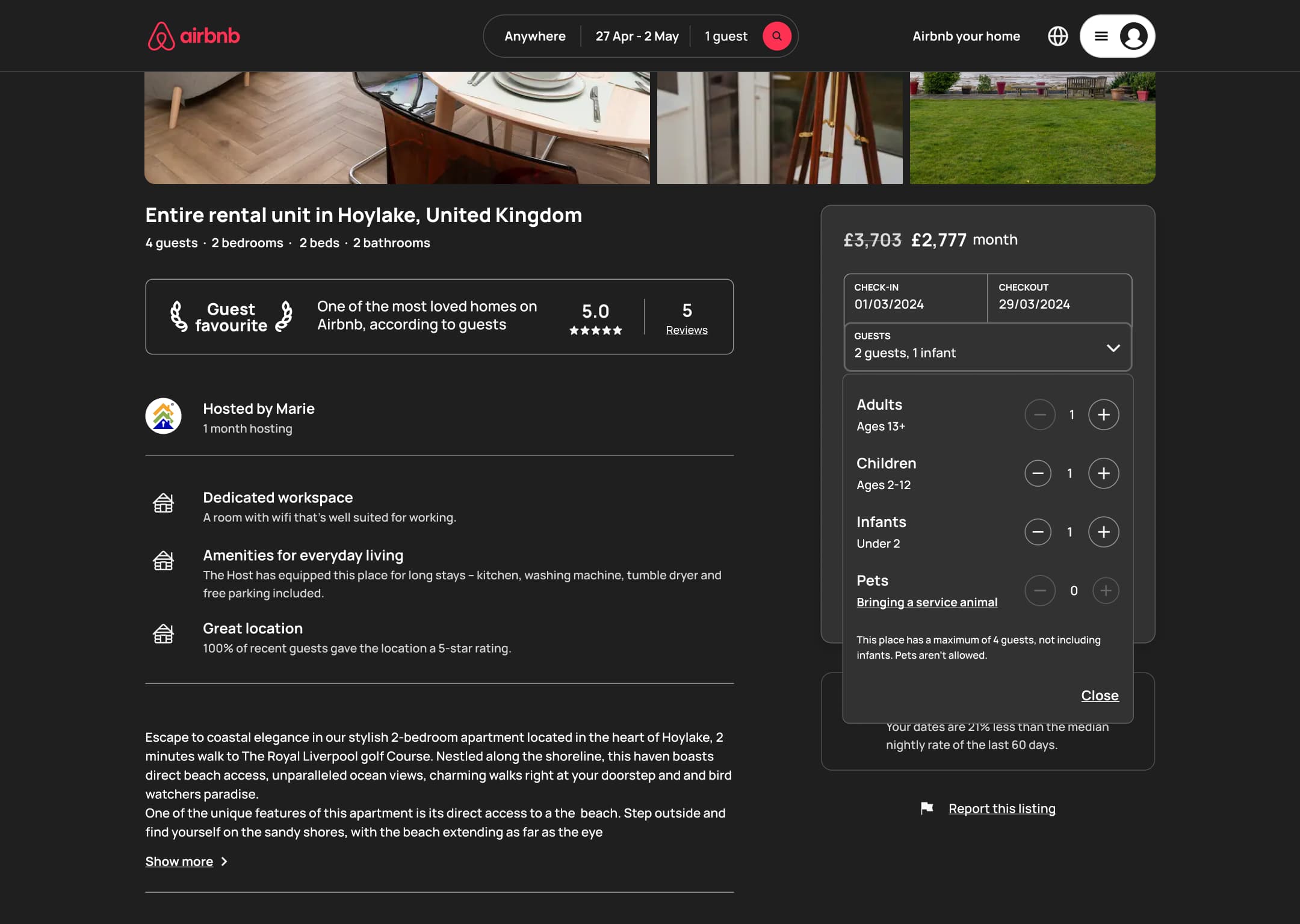 Dark mode: desktop listing reservation card with guest counters expanded.