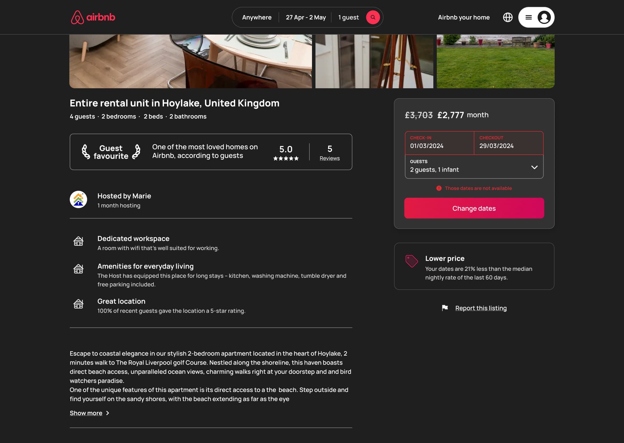 Dark mode: desktop reservation card: dates not available error with change dates.