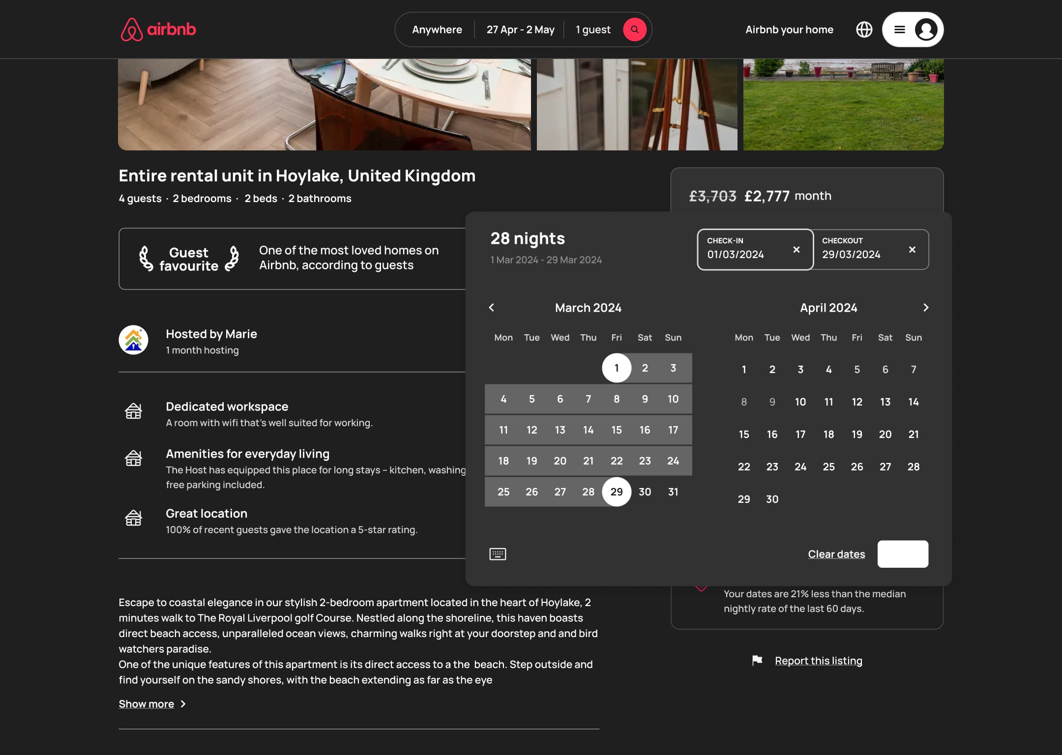 Dark mode: desktop reservation date picker popover with 28-night range.
