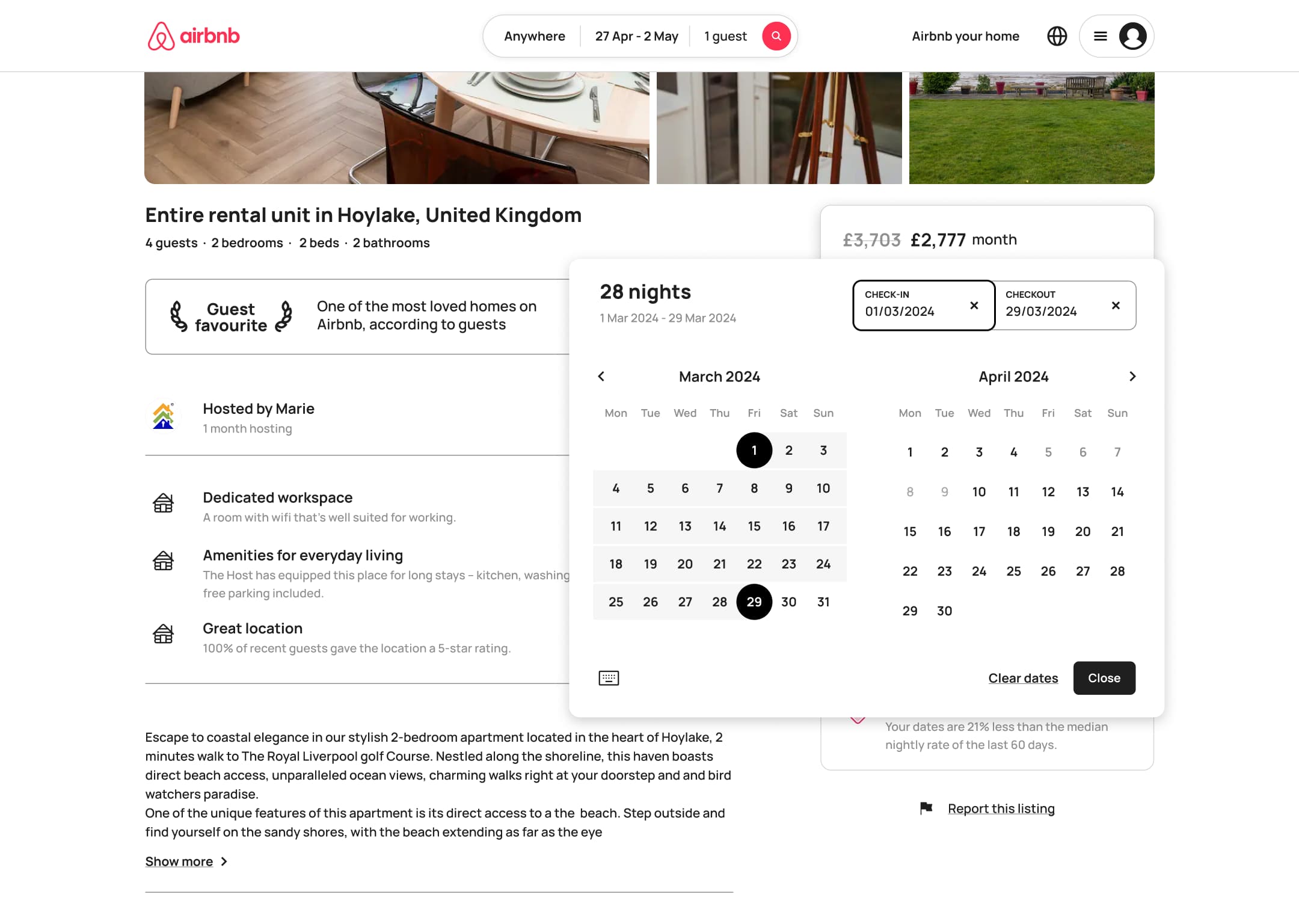 Desktop reservation date picker popover with 28-night range.