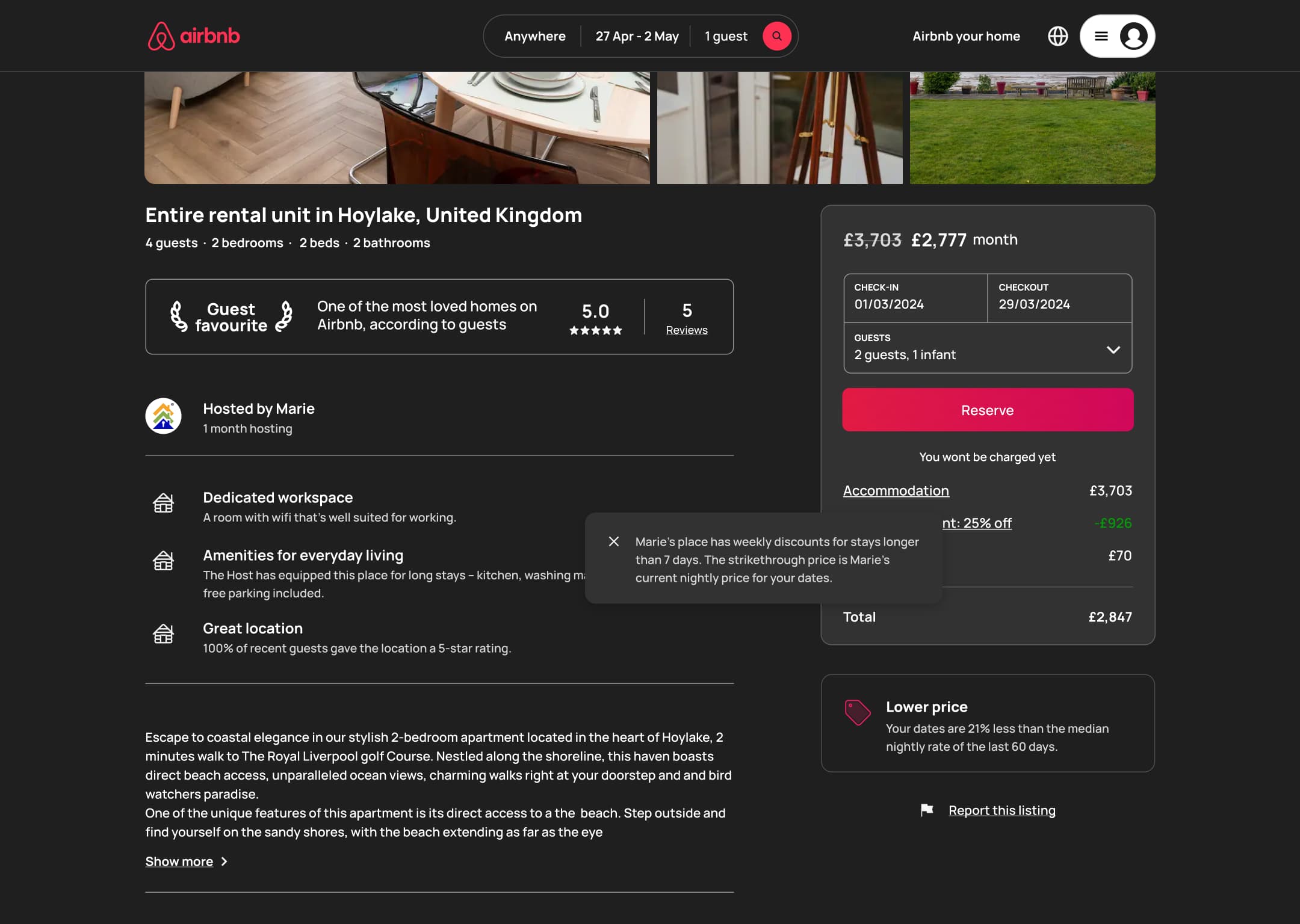 Dark mode: desktop reservation card with price breakdown and weekly discount tooltip.