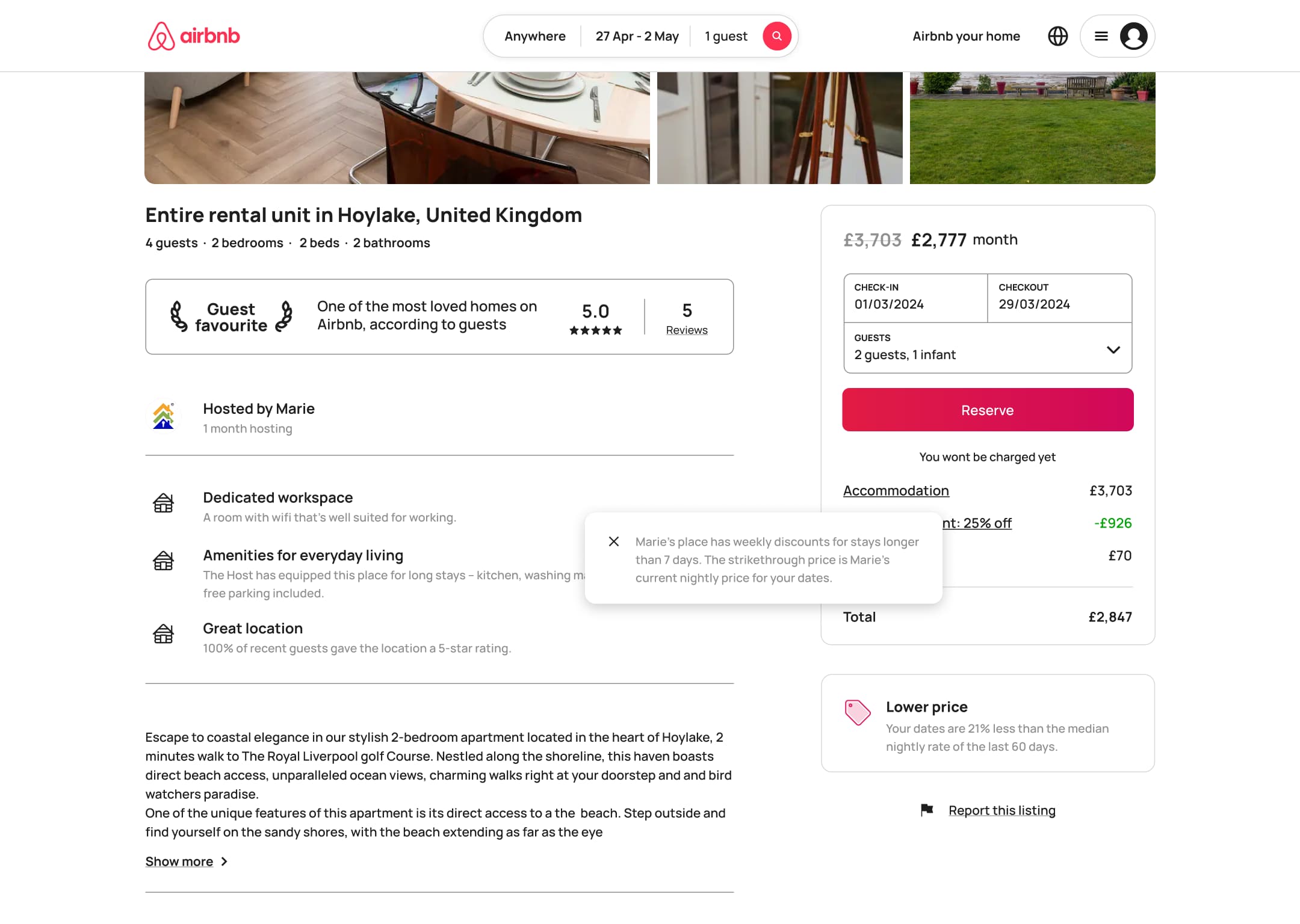 Desktop reservation card with price breakdown and weekly discount tooltip.