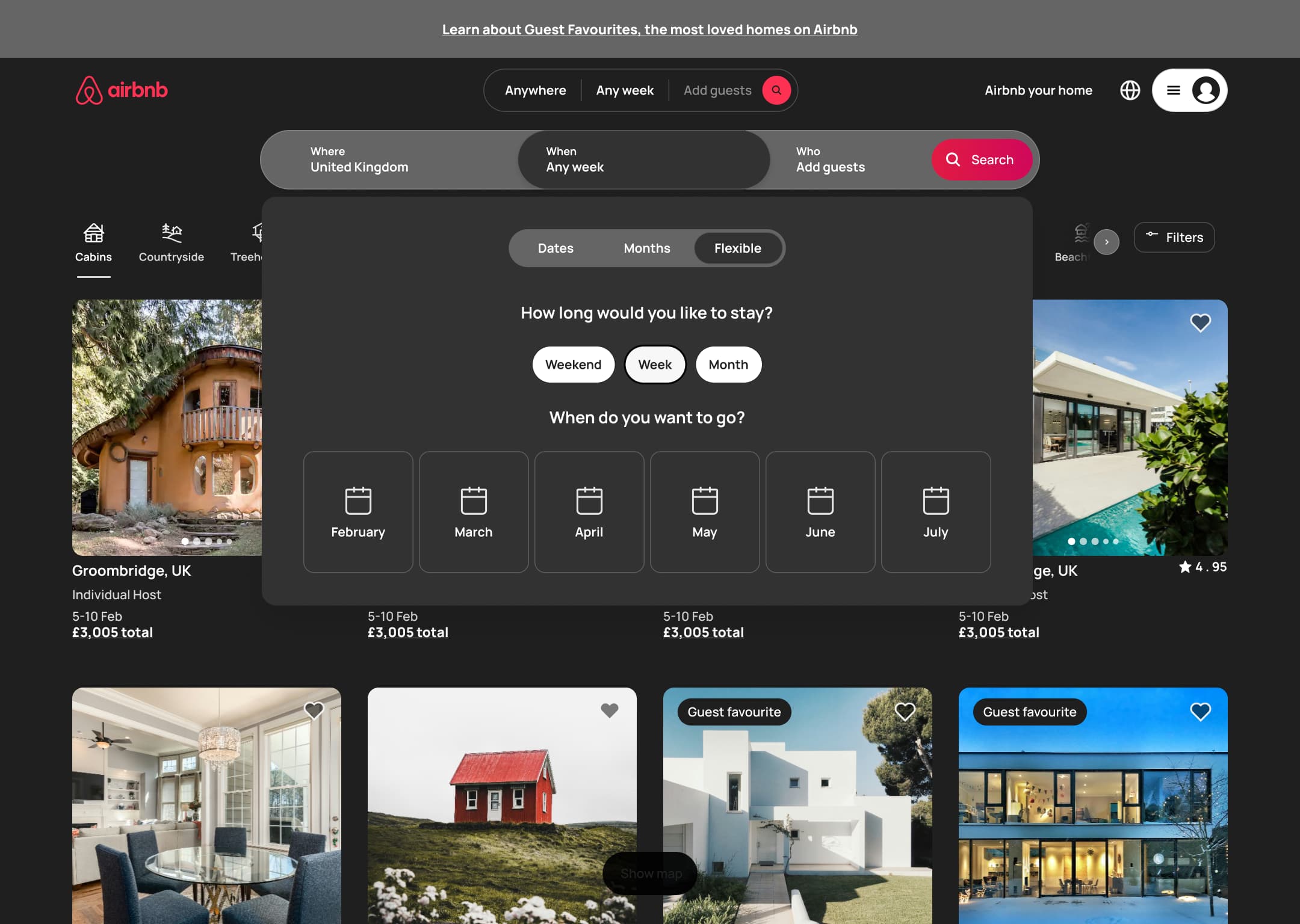 Dark mode: desktop flexible dates: stay length and month tiles.