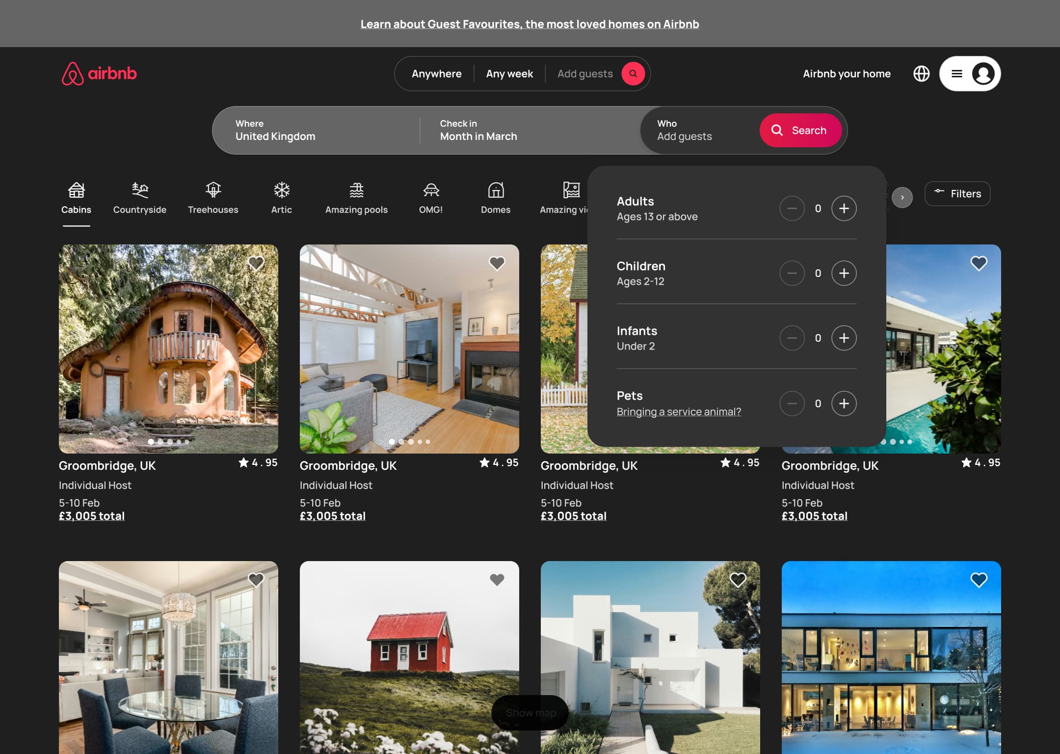 Dark mode: desktop who dropdown: adults, children, infants and pets counters.